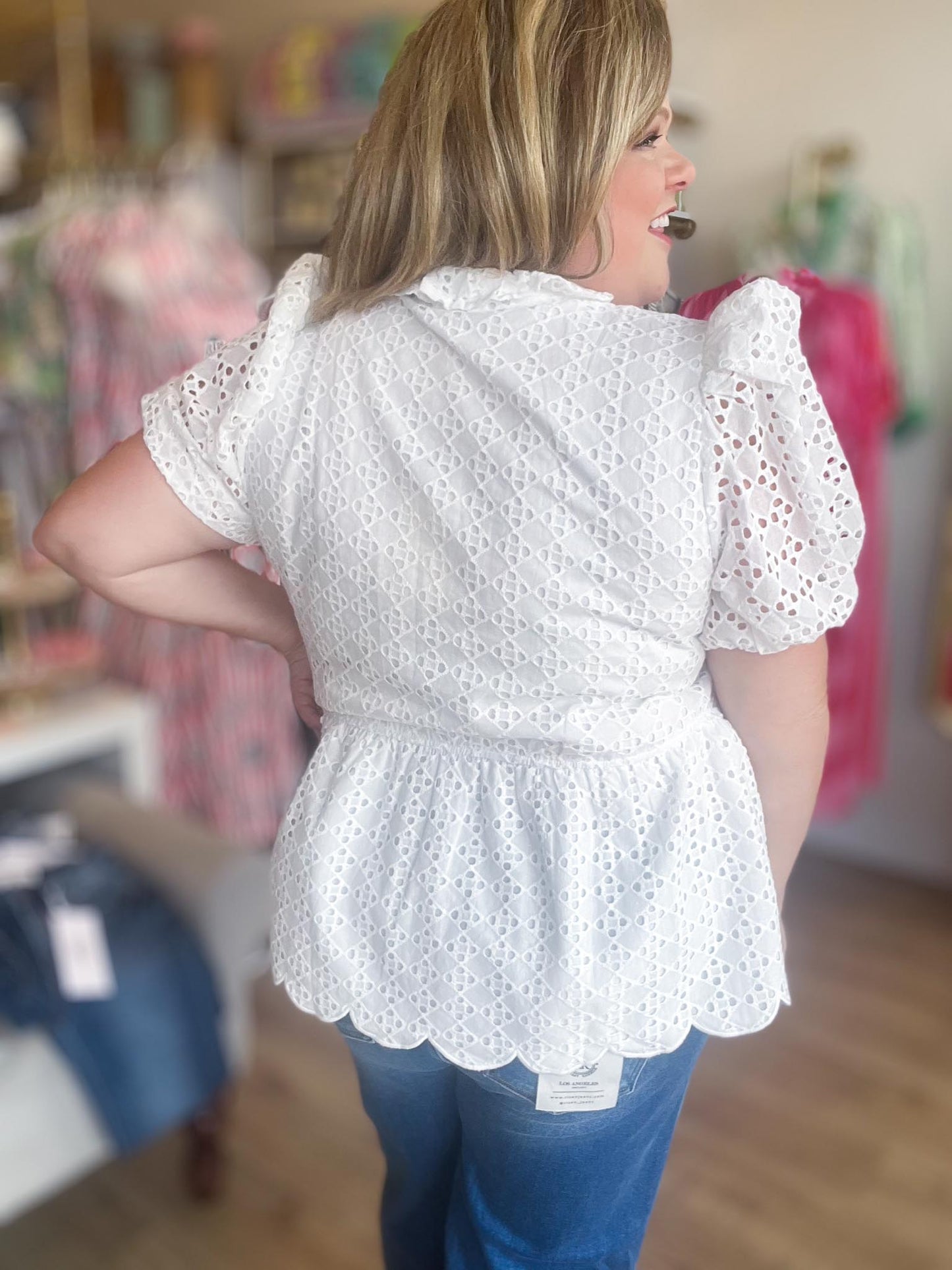 American Honey Curvy White Eyelet Peplum Top