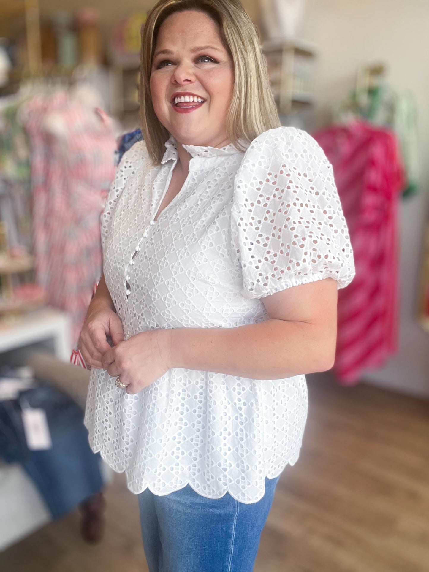 American Honey Curvy White Eyelet Peplum Top