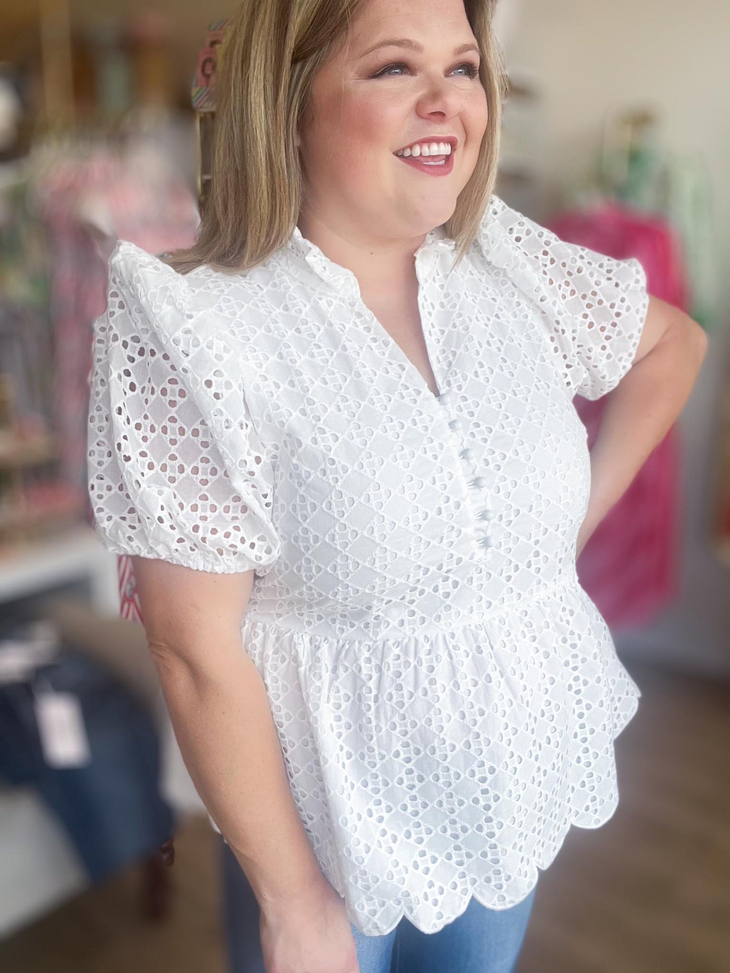 American Honey Curvy White Eyelet Peplum Top