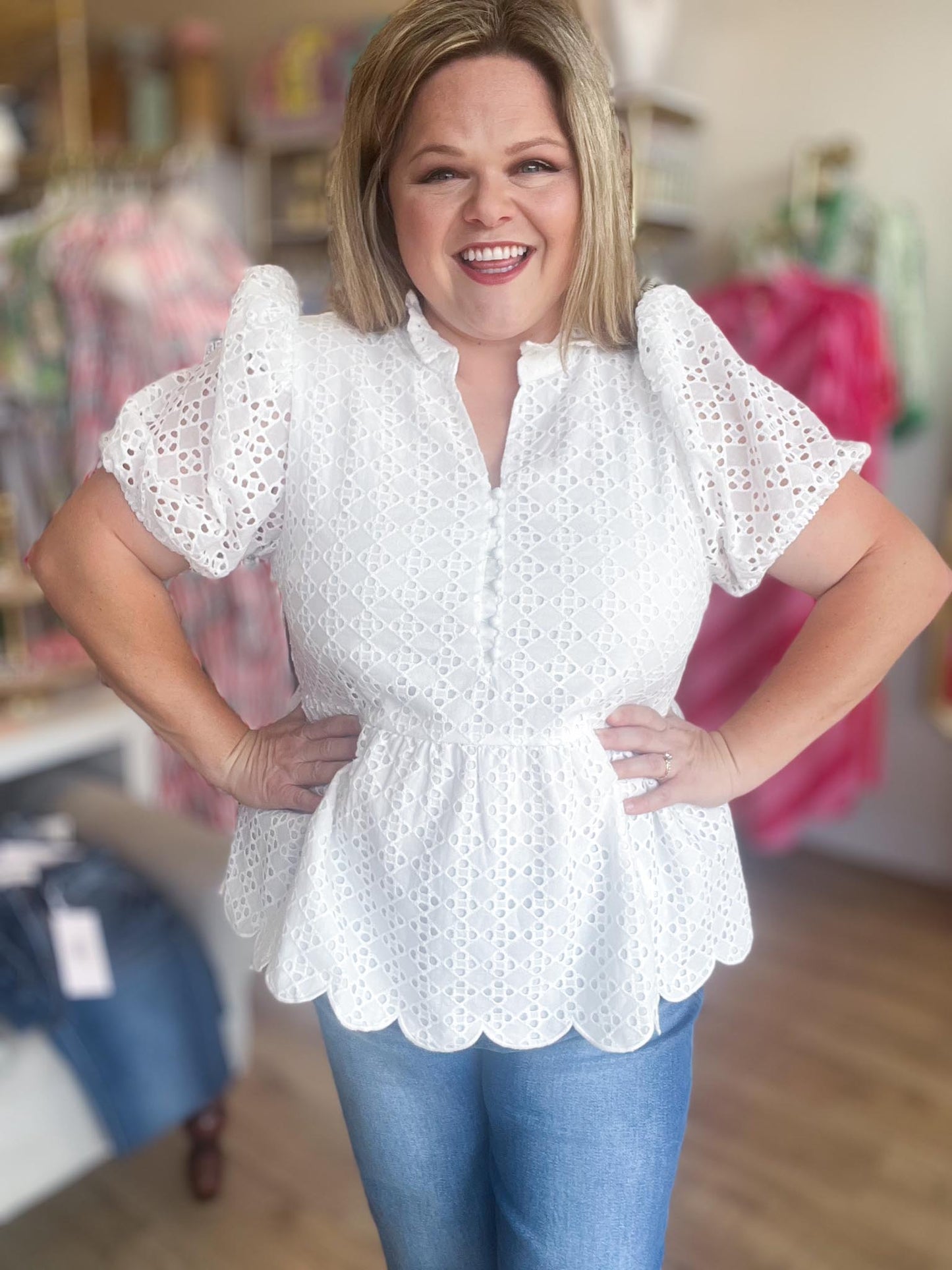 American Honey Curvy White Eyelet Peplum Top