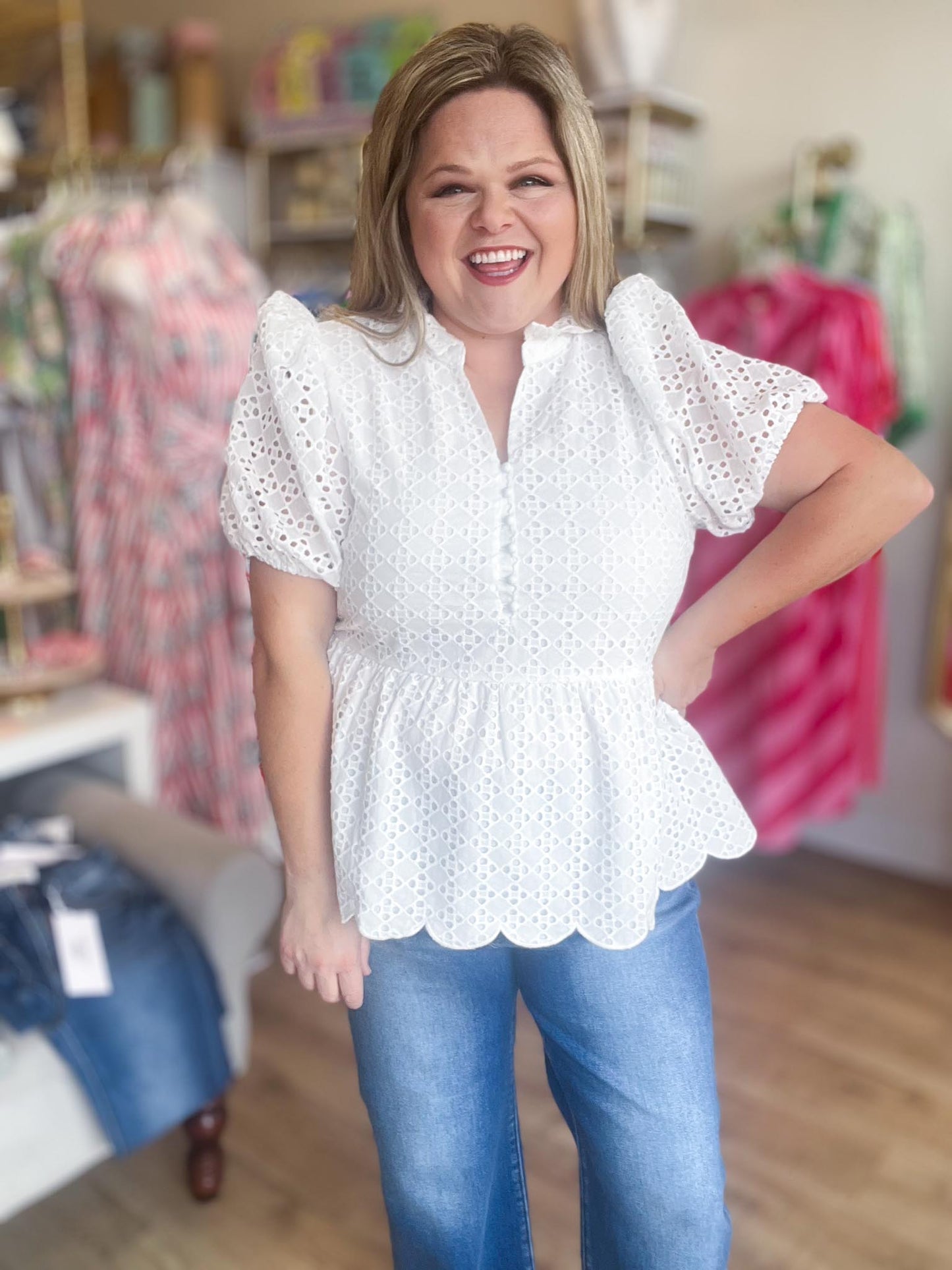 American Honey Curvy White Eyelet Peplum Top