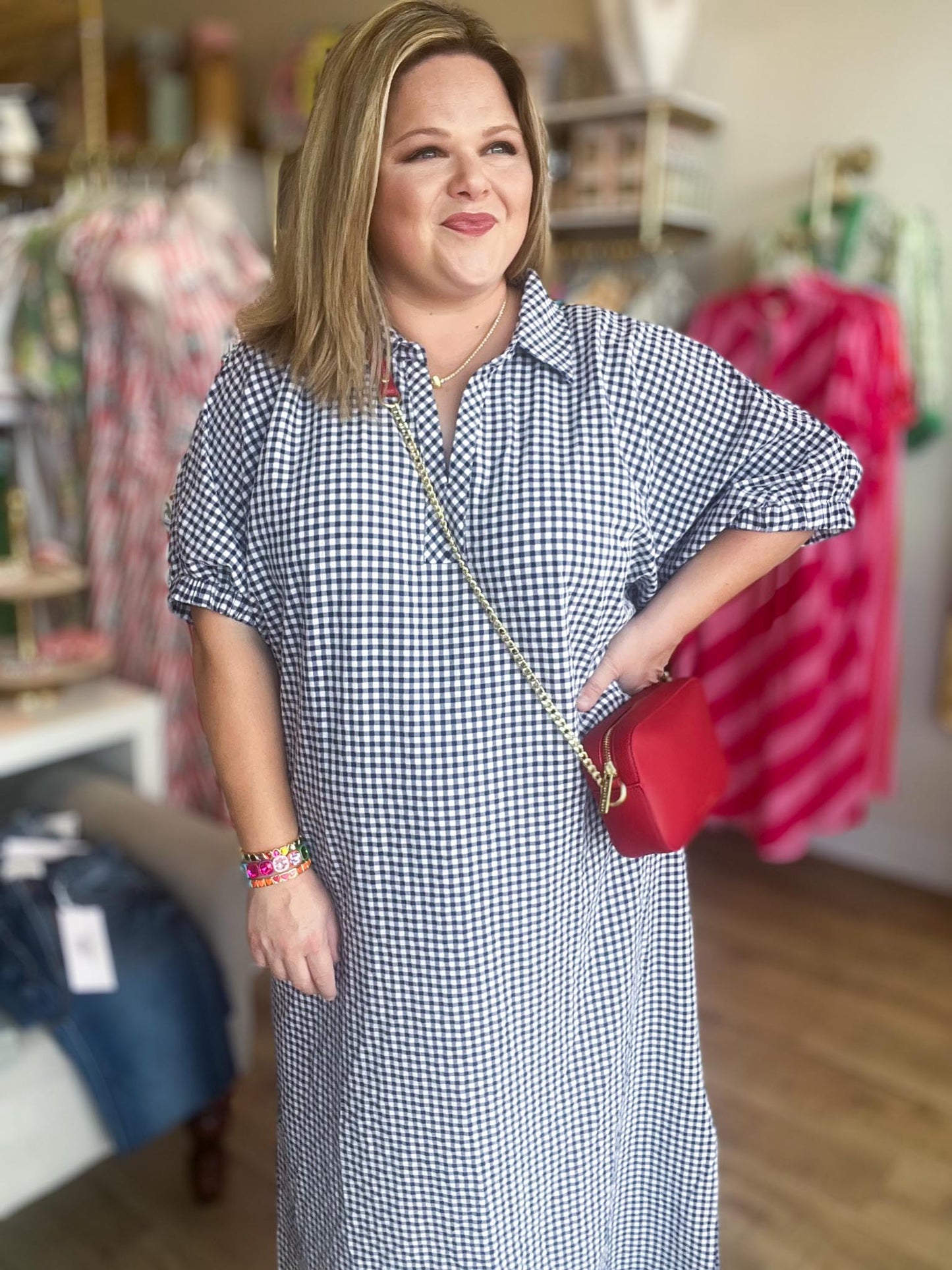 Americana Charm Curvy Navy Gingham Midi Dress