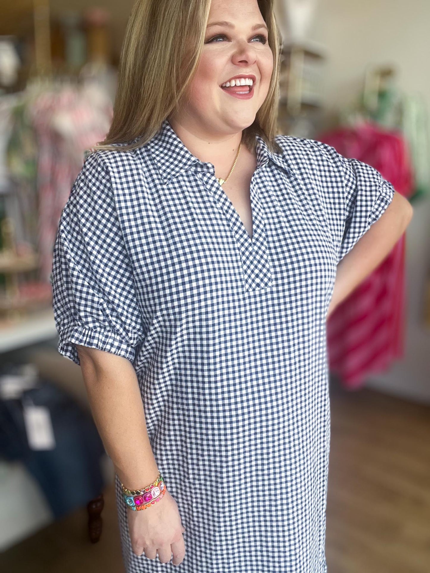 Americana Charm Curvy Navy Gingham Midi Dress