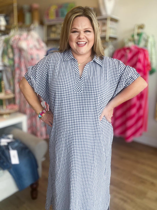 Americana Charm Curvy Navy Gingham Midi Dress