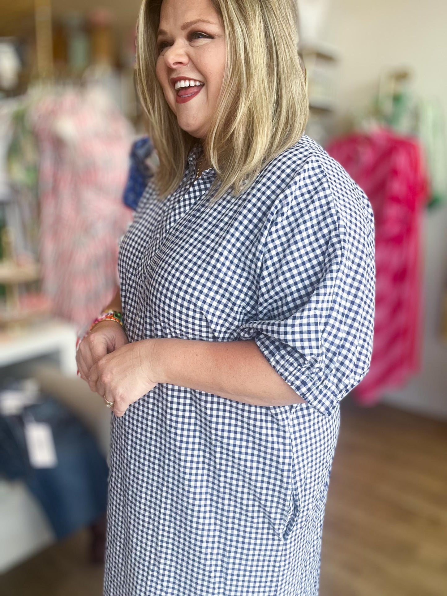 Americana Charm Curvy Navy Gingham Midi Dress