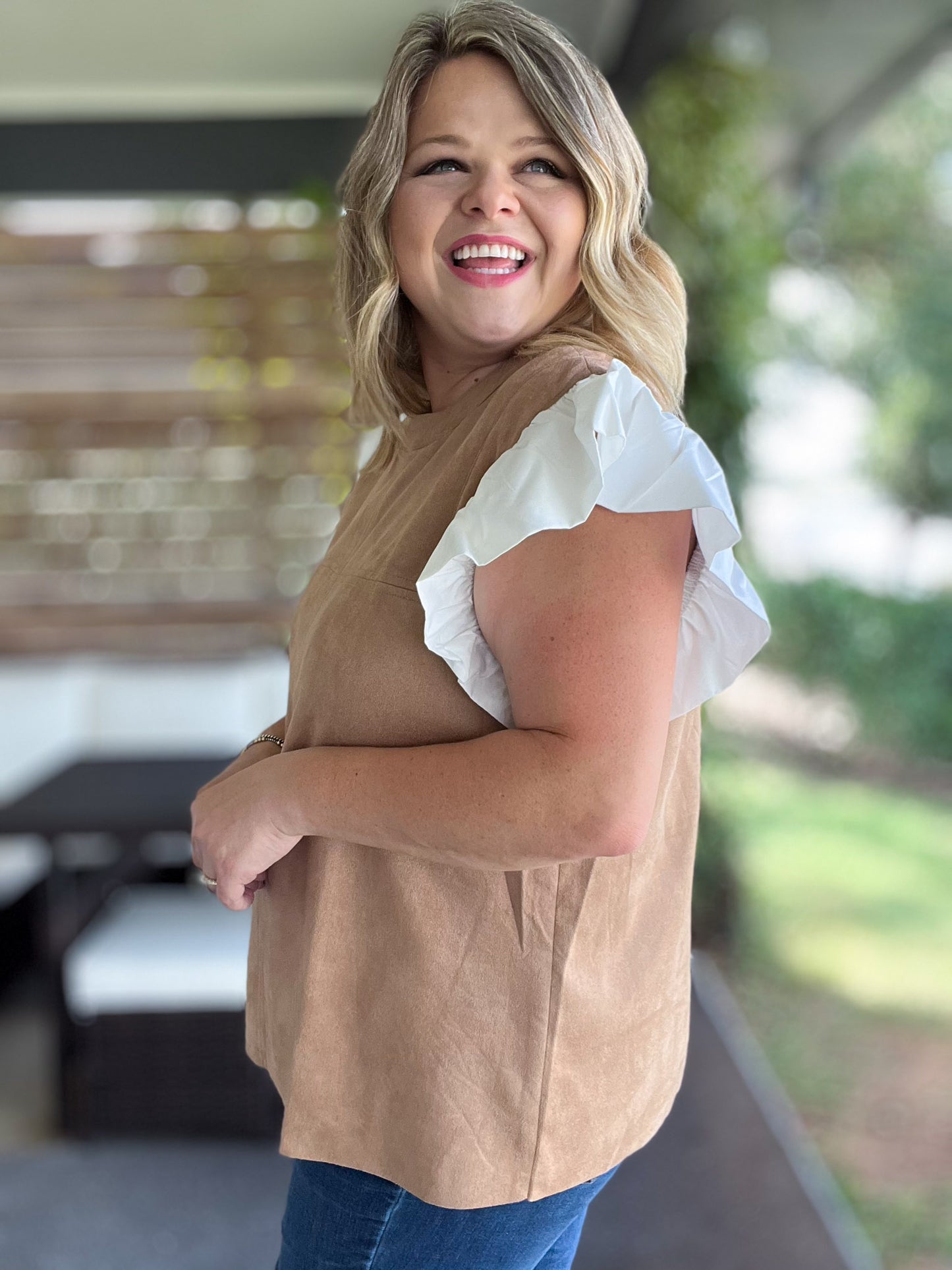 Autumn Chic Plus-Size Faux Suede Flutter Sleeve Top