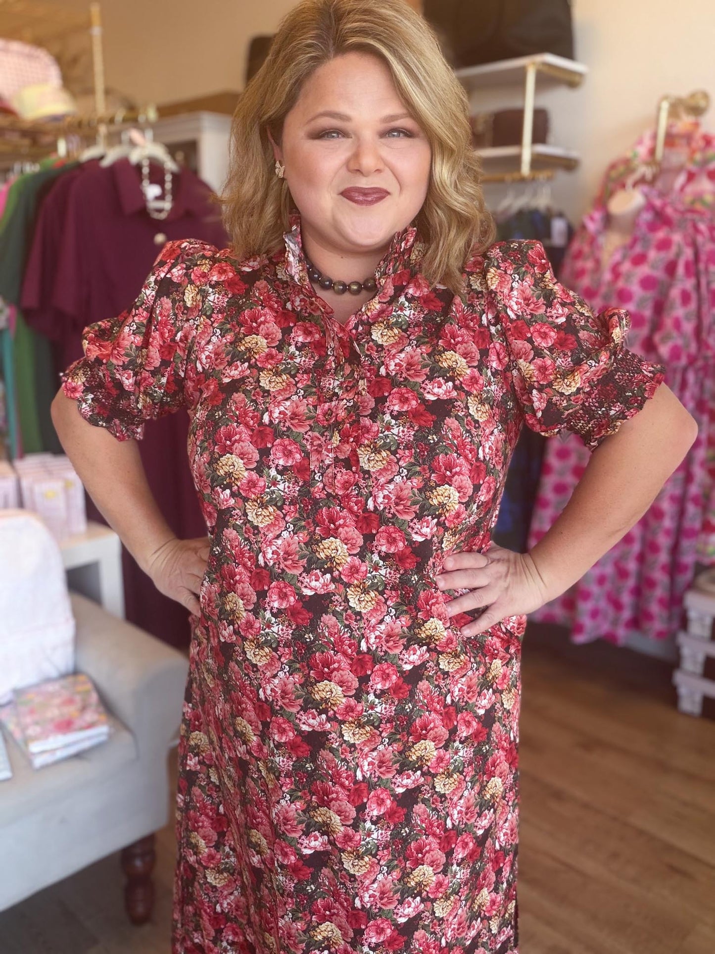 Autumn Drift Curvy Brick Floral Midi Dress