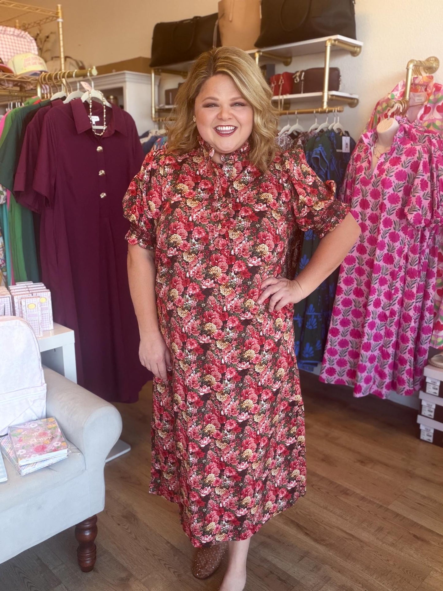 Autumn Drift Curvy Brick Floral Midi Dress
