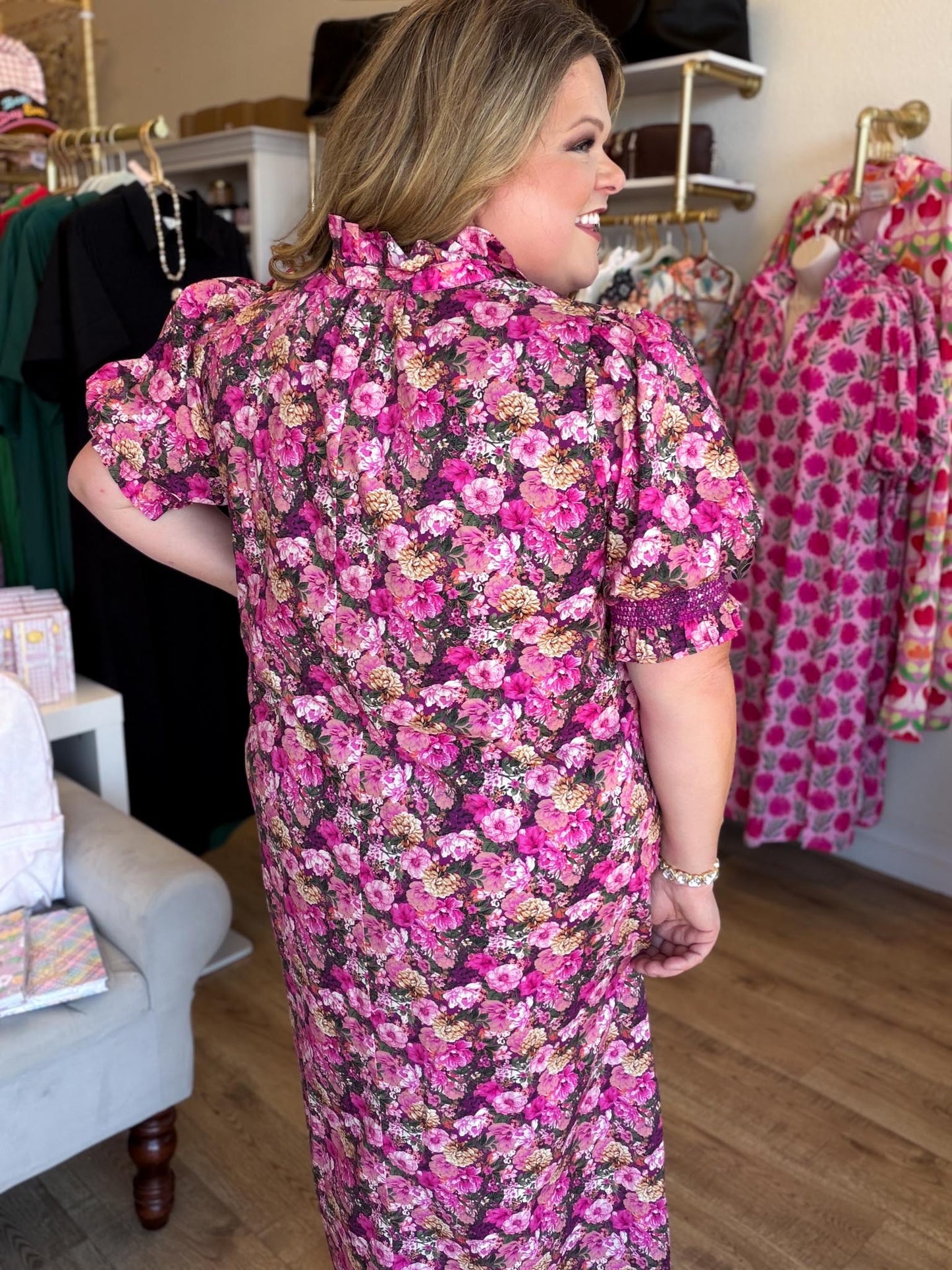 Autumn Drift Curvy Magenta Floral Midi Dress