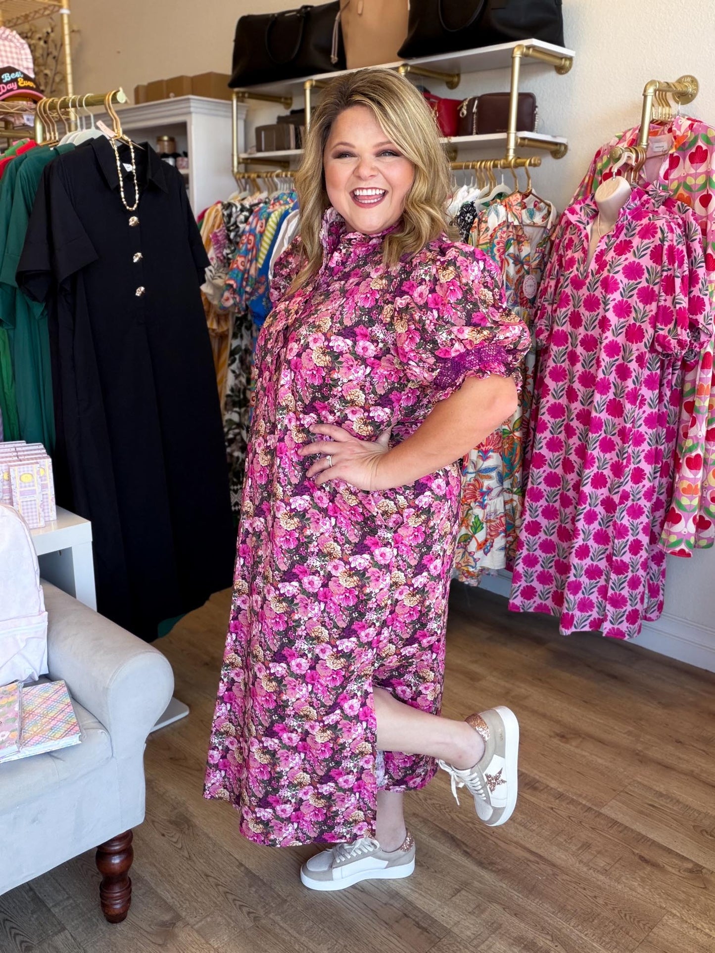 Autumn Drift Curvy Magenta Floral Midi Dress