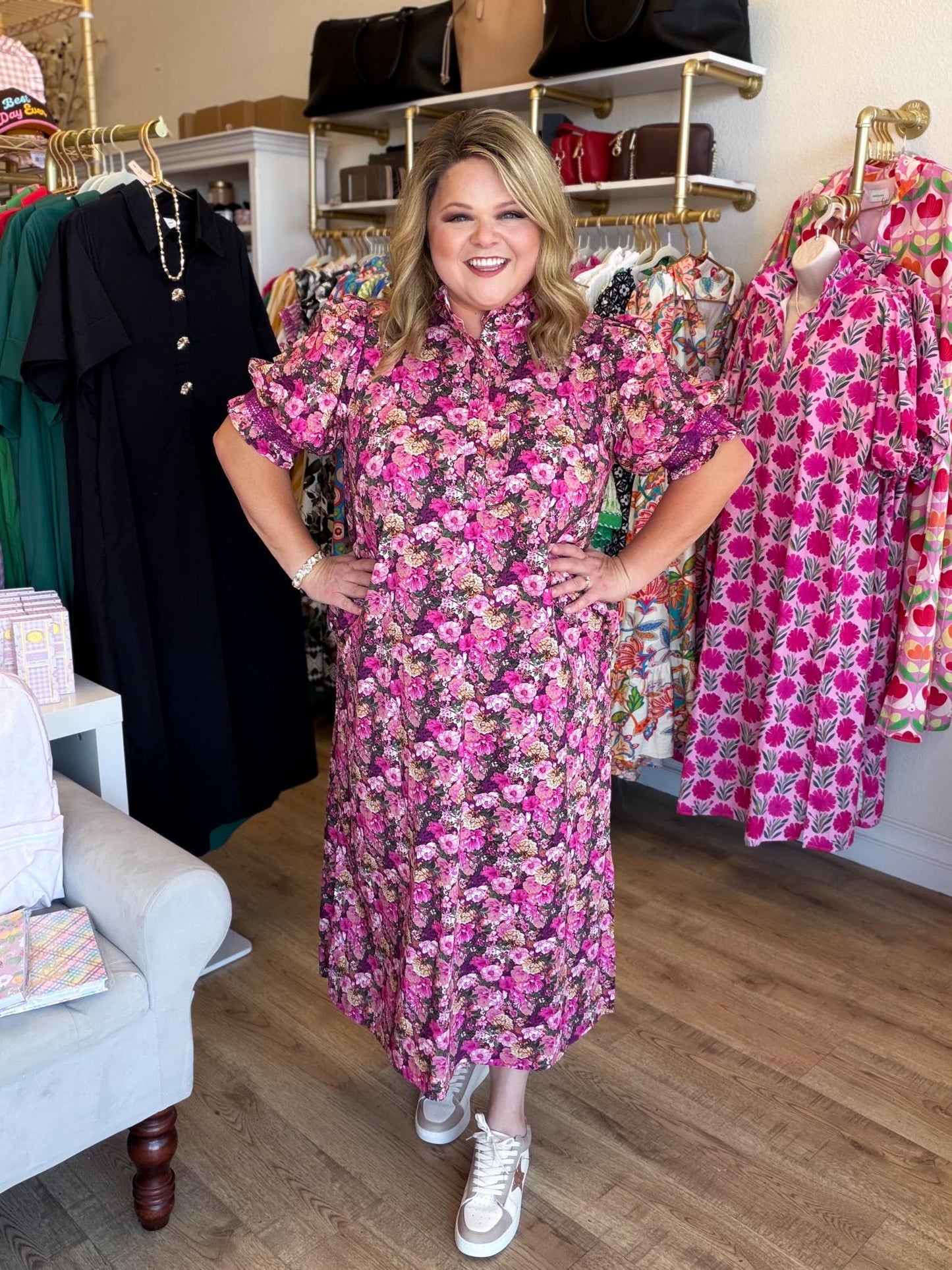 Autumn Drift Curvy Magenta Floral Midi Dress