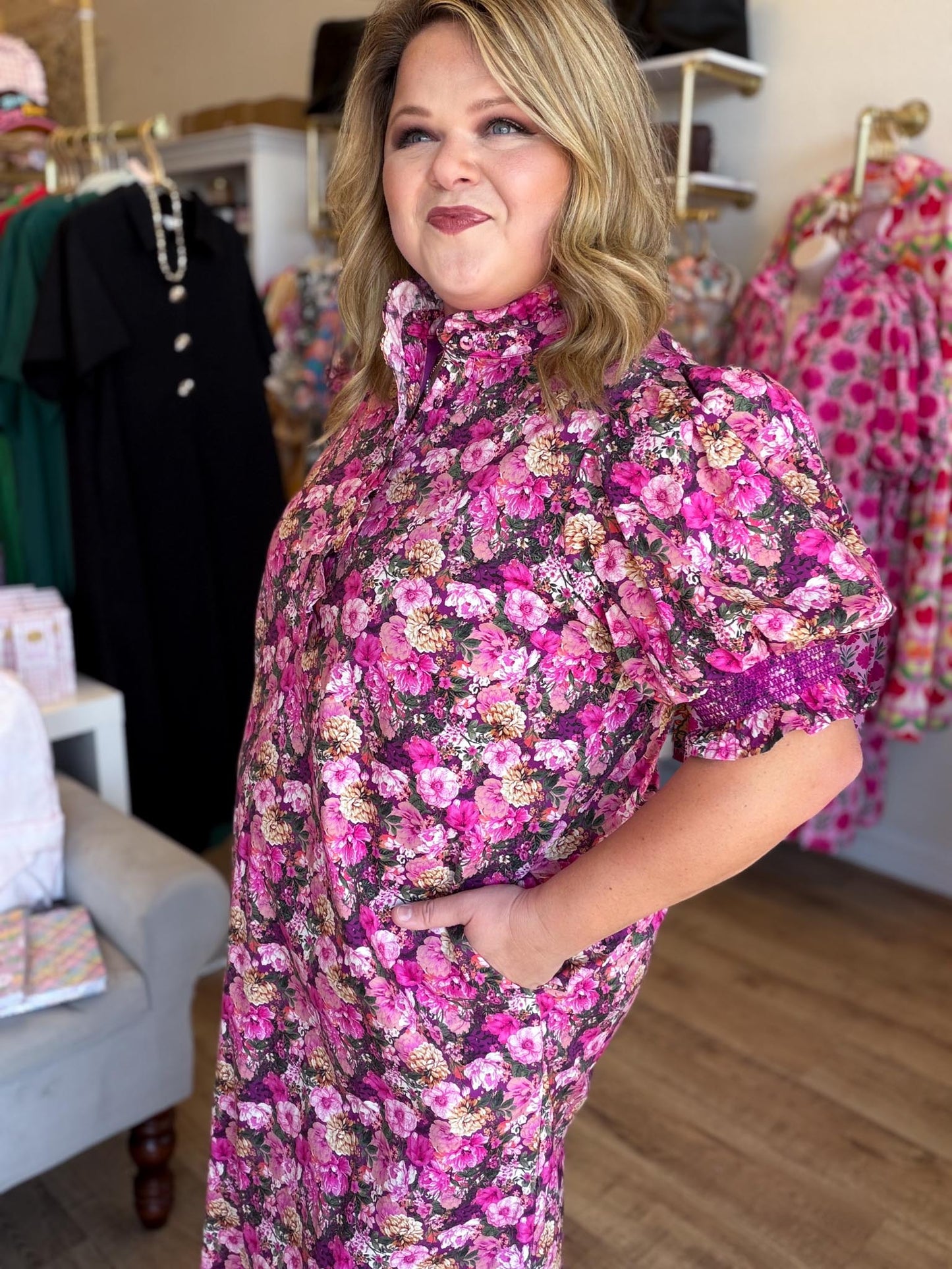 Autumn Drift Curvy Magenta Floral Midi Dress