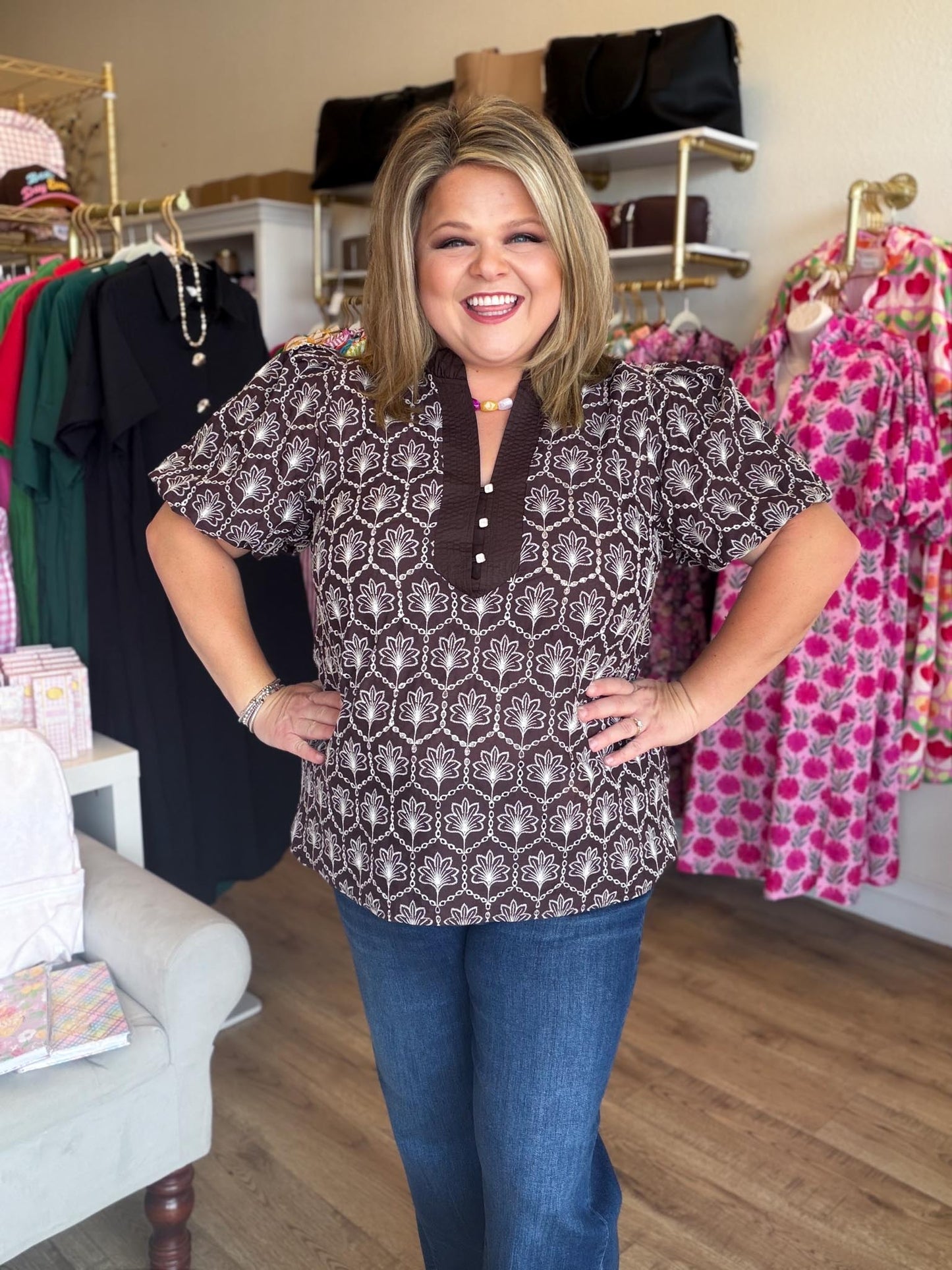 Autumn Embroidery Curvy Brown Floral Top