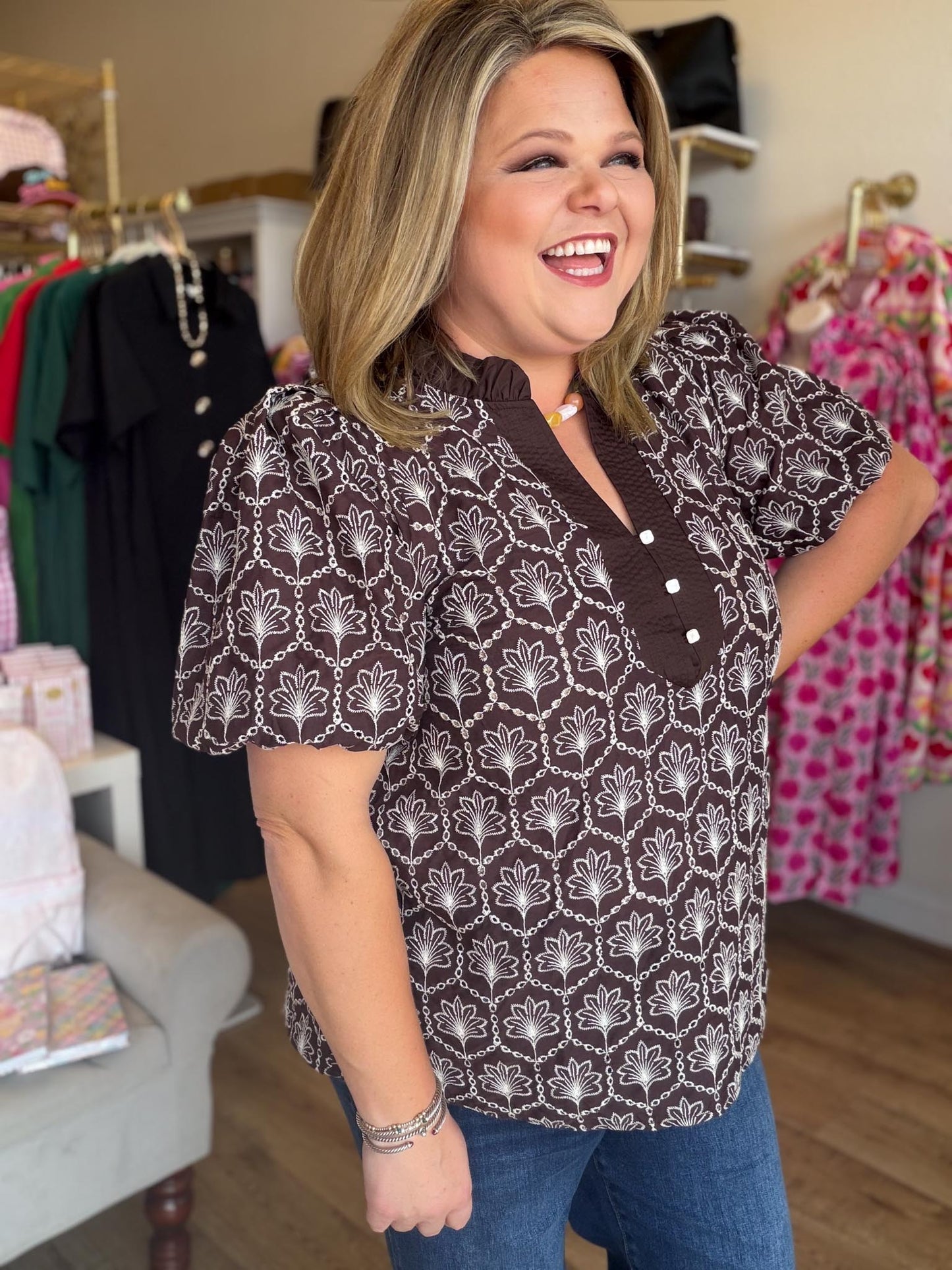 Autumn Embroidery Curvy Brown Floral Top