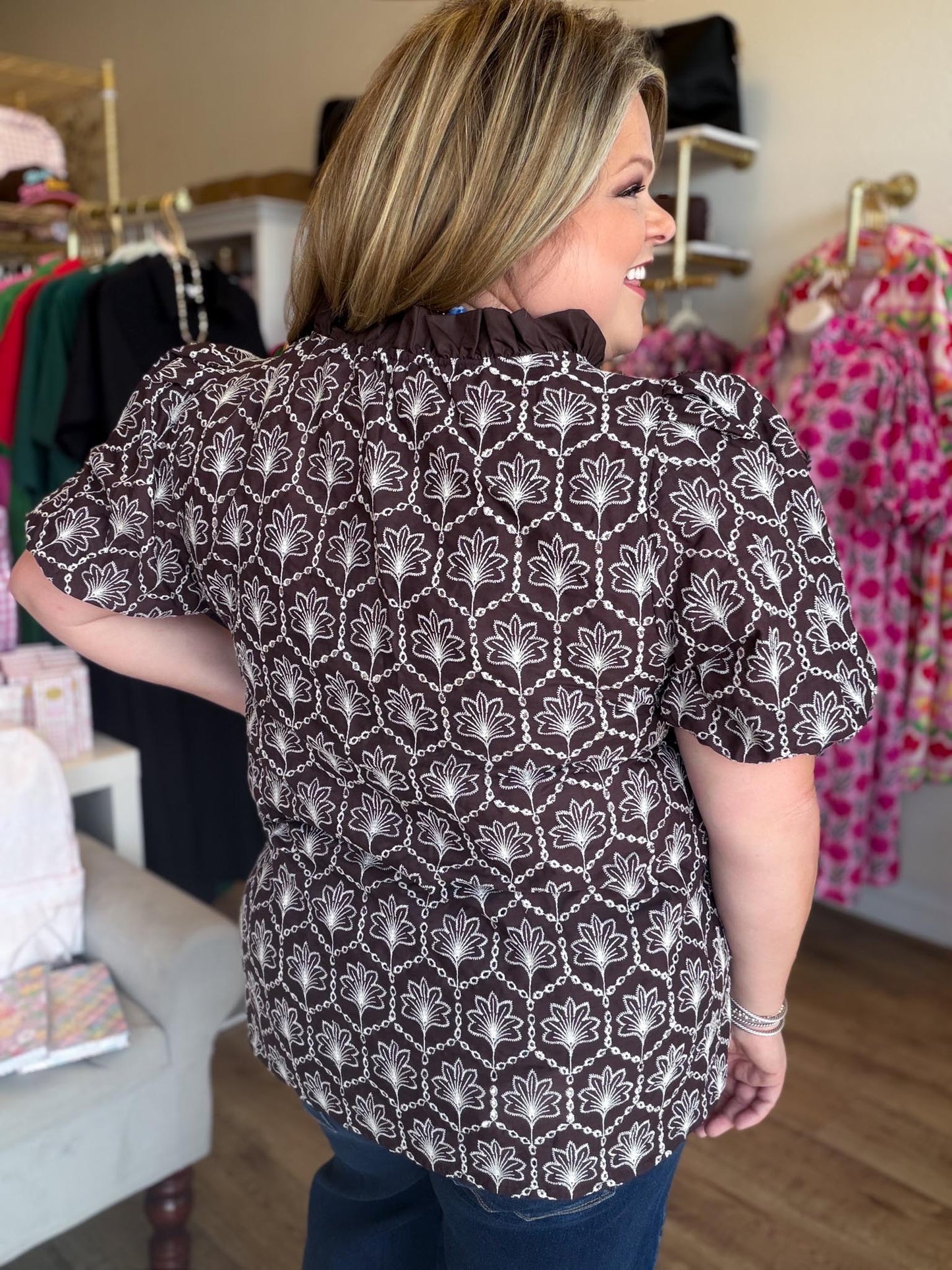 Autumn Embroidery Curvy Brown Floral Top