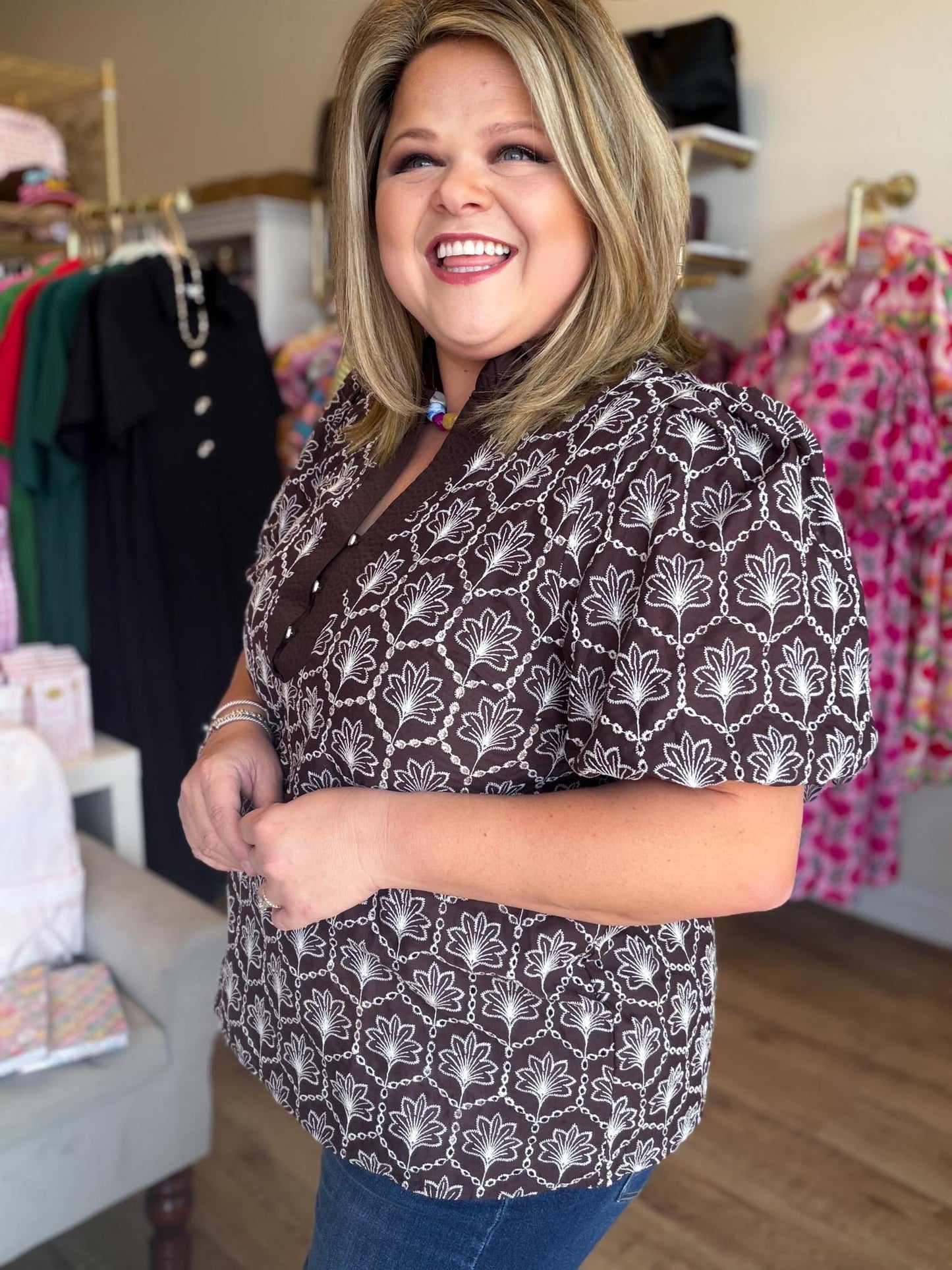 Autumn Embroidery Curvy Brown Floral Top