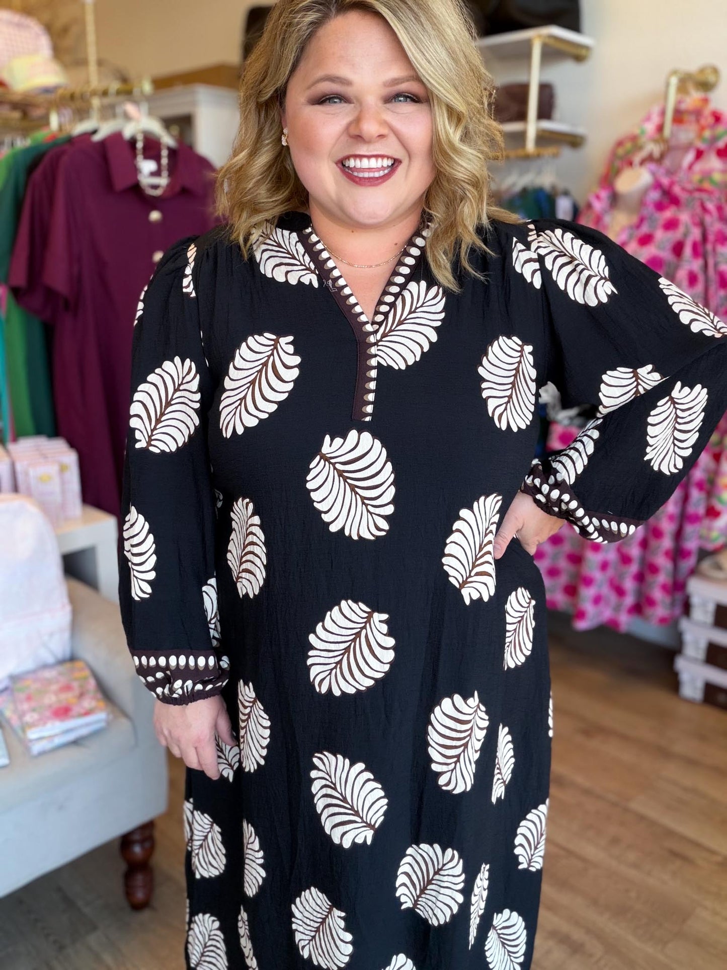 Autumn Foliage Curvy Black Leaf Print Midi Dress
