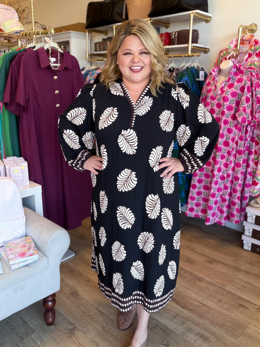 Autumn Foliage Curvy Black Leaf Print Midi Dress