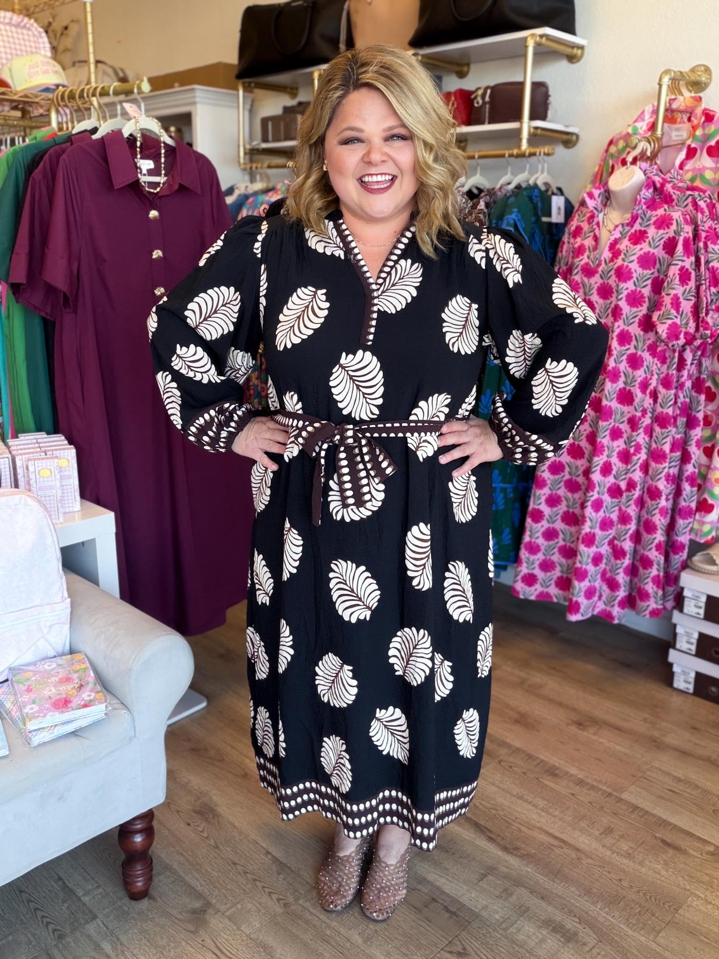 Autumn Foliage Curvy Black Leaf Print Midi Dress
