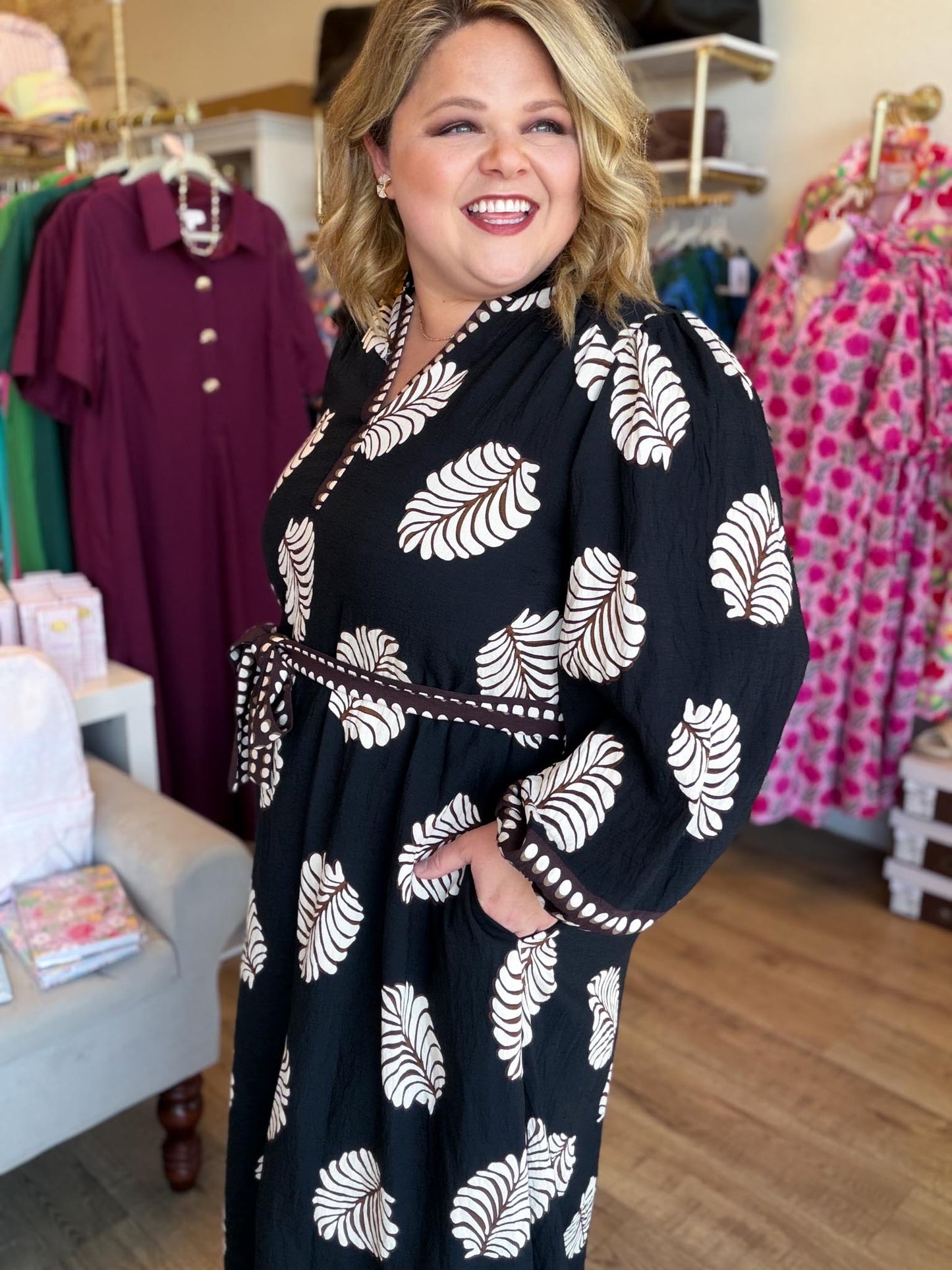Autumn Foliage Curvy Black Leaf Print Midi Dress