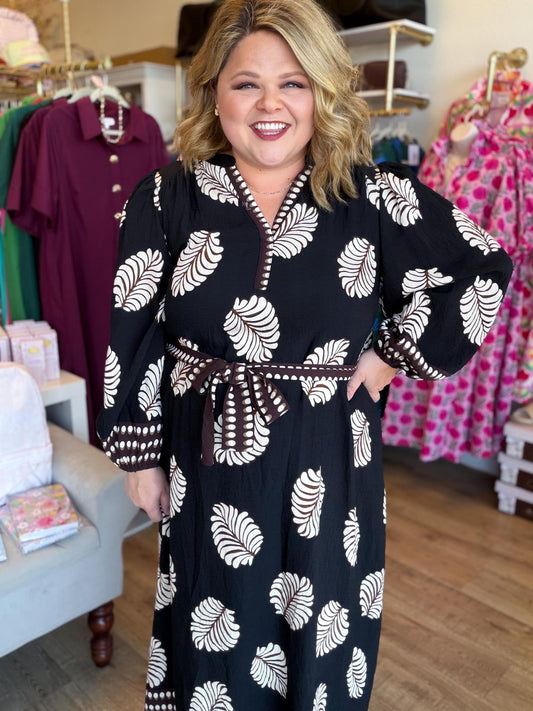 Autumn Foliage Curvy Black Leaf Print Midi Dress