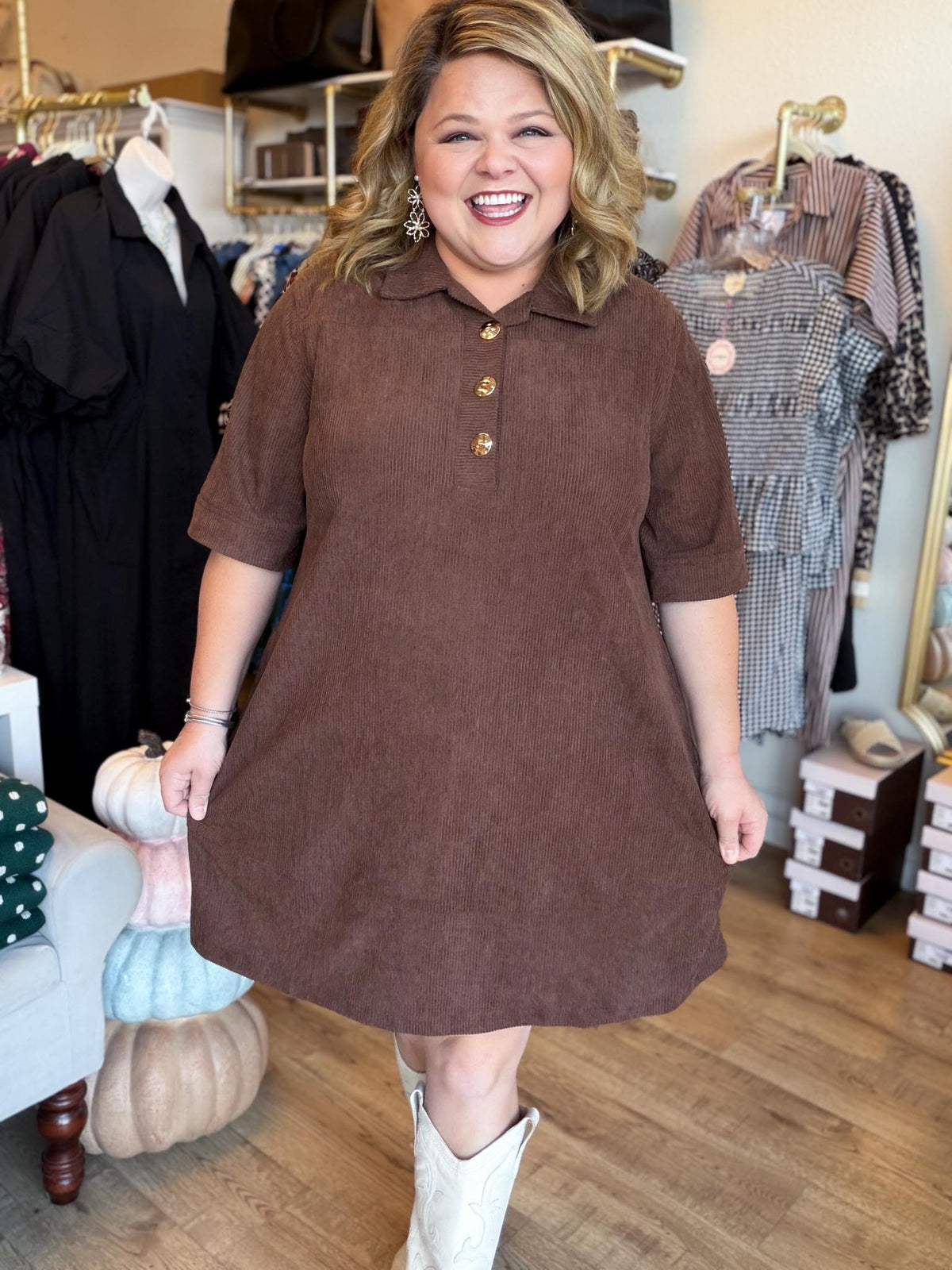 Autumn Mod Curvy Brown Corduroy Mini Dress