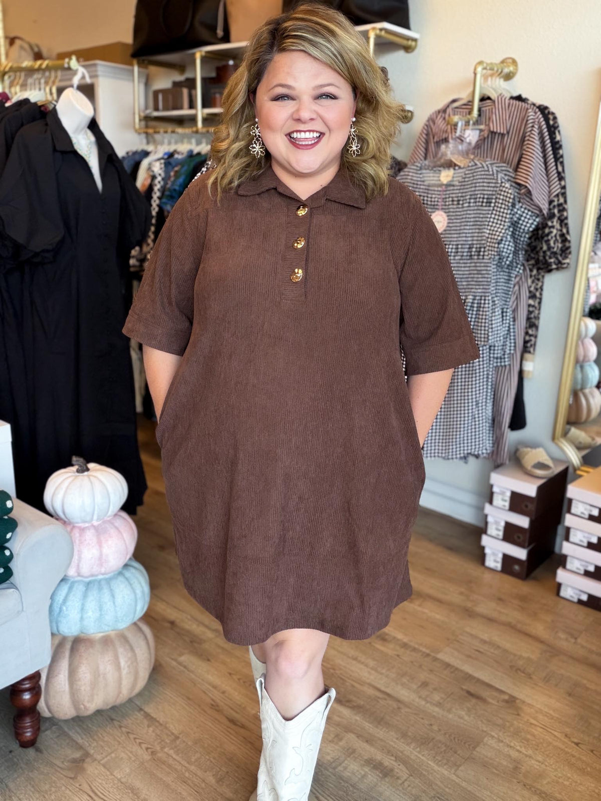 Autumn Mod Curvy Brown Corduroy Mini Dress