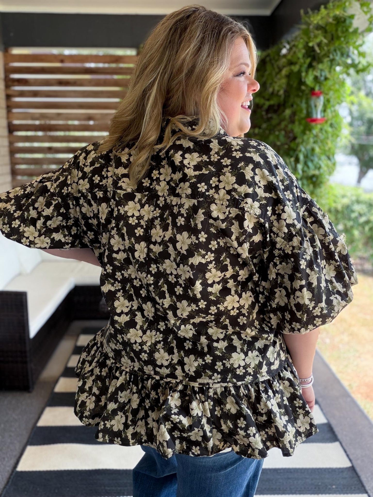 Autumn Muse Curvy Black Floral Peplum Top