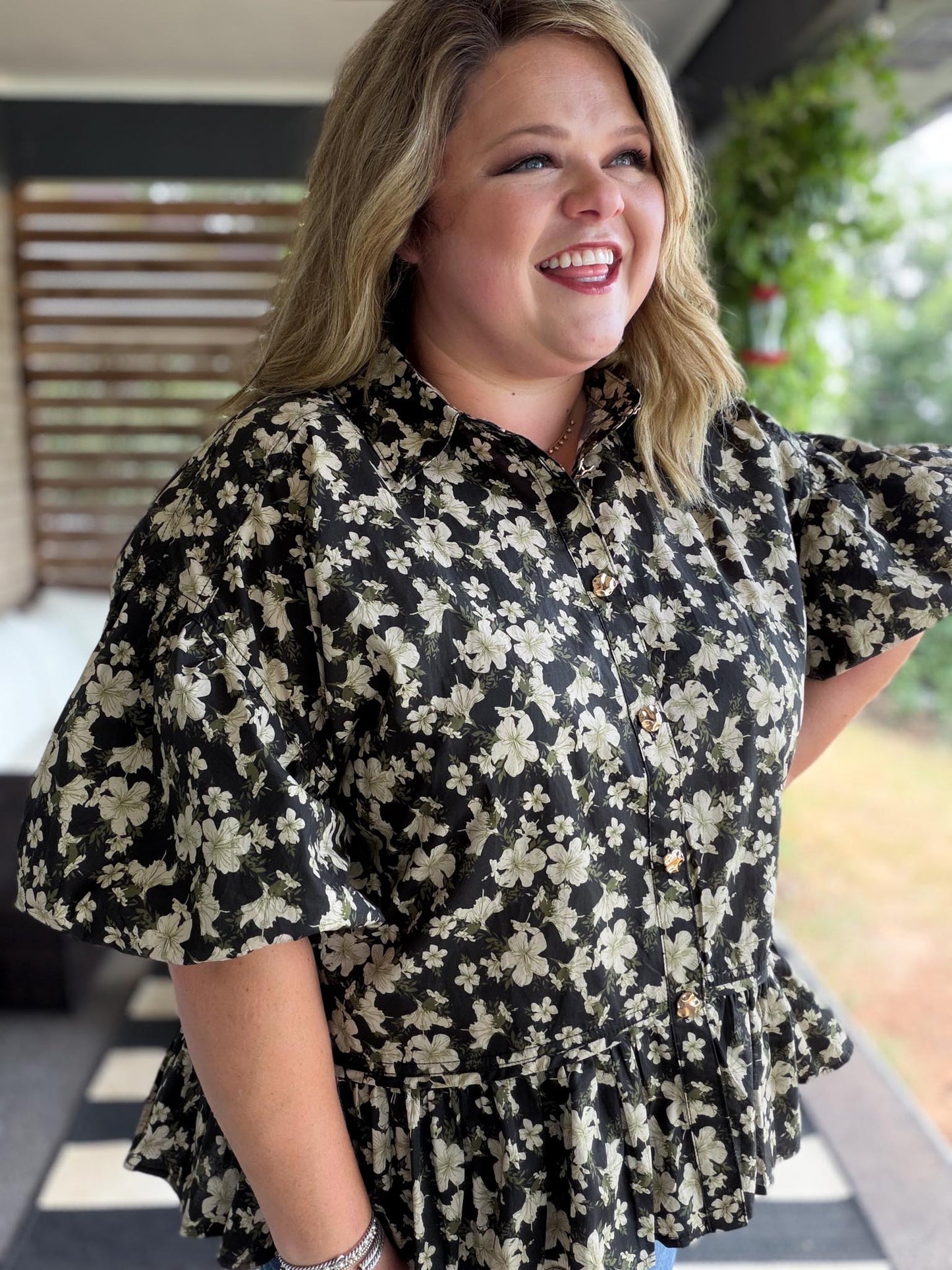 Autumn Muse Curvy Black Floral Peplum Top