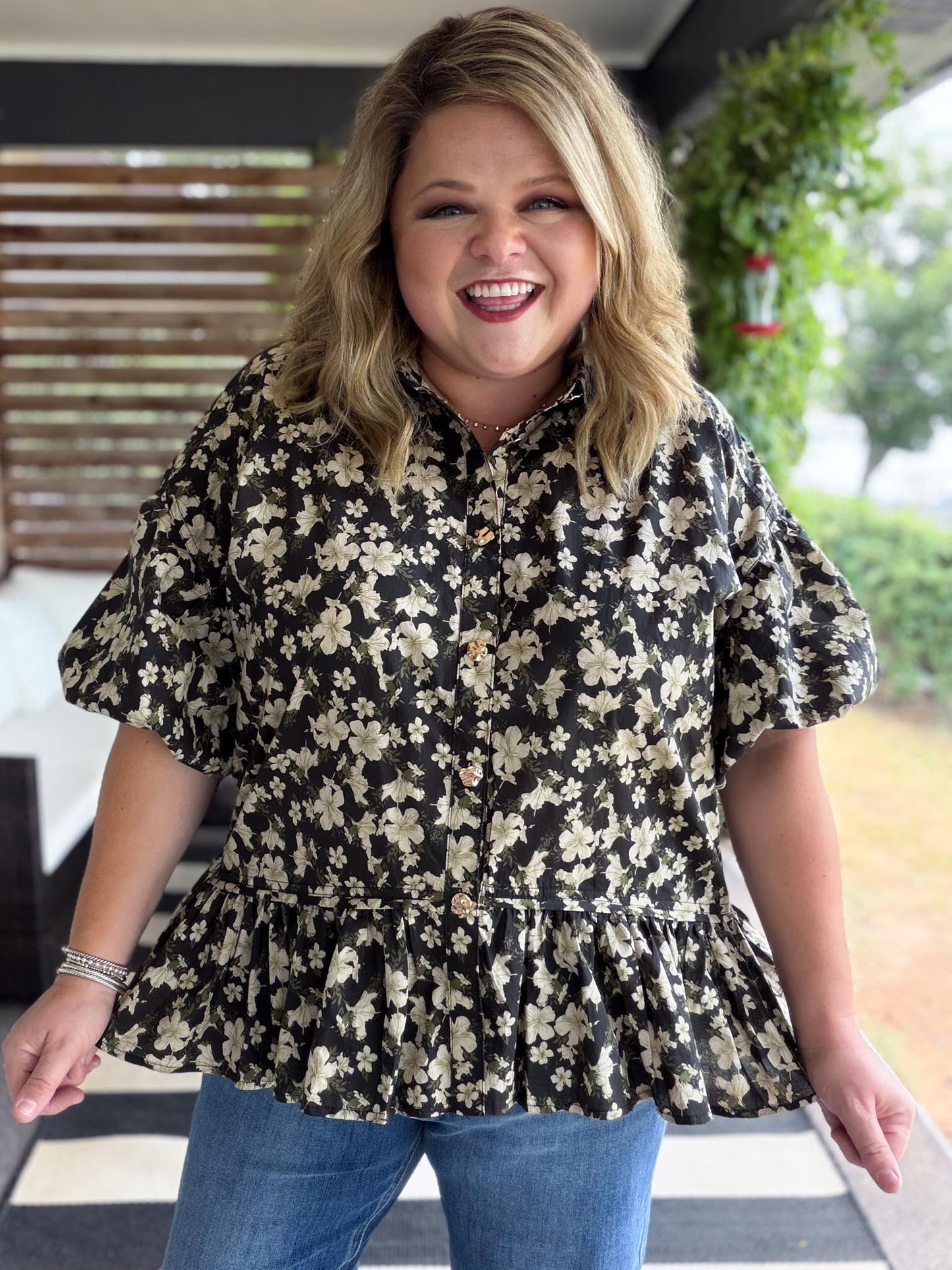 Autumn Muse Curvy Black Floral Peplum Top