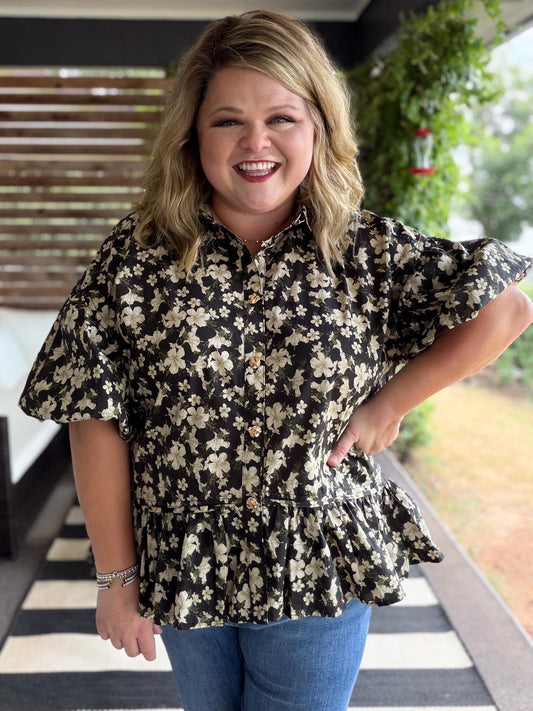 Autumn Muse Curvy Black Floral Peplum Top