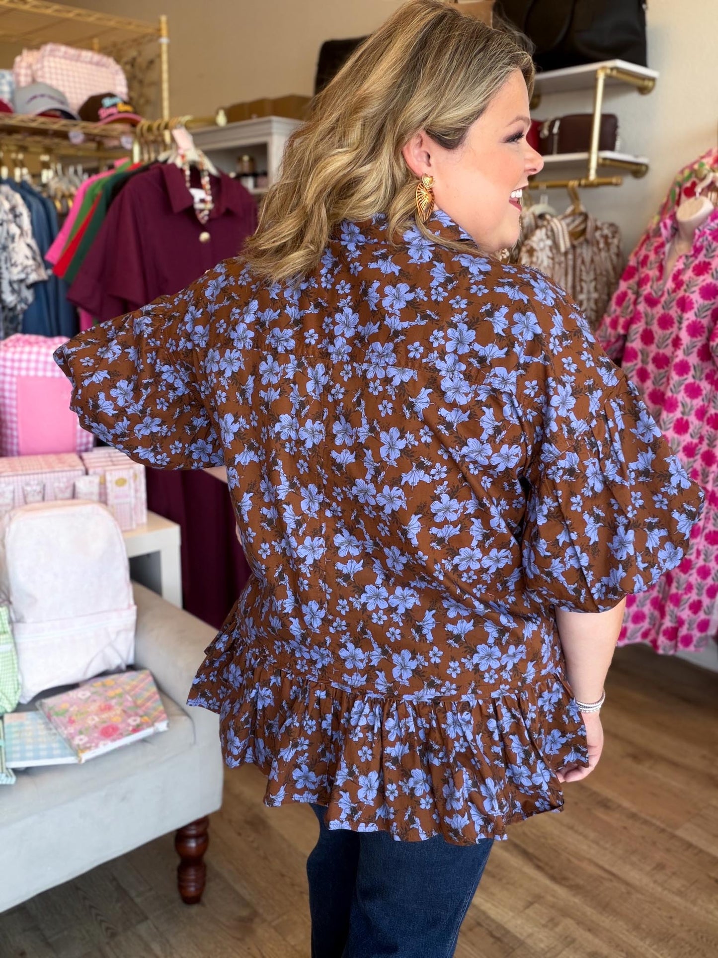 Autumn Muse Curvy Brown Floral Peplum Top