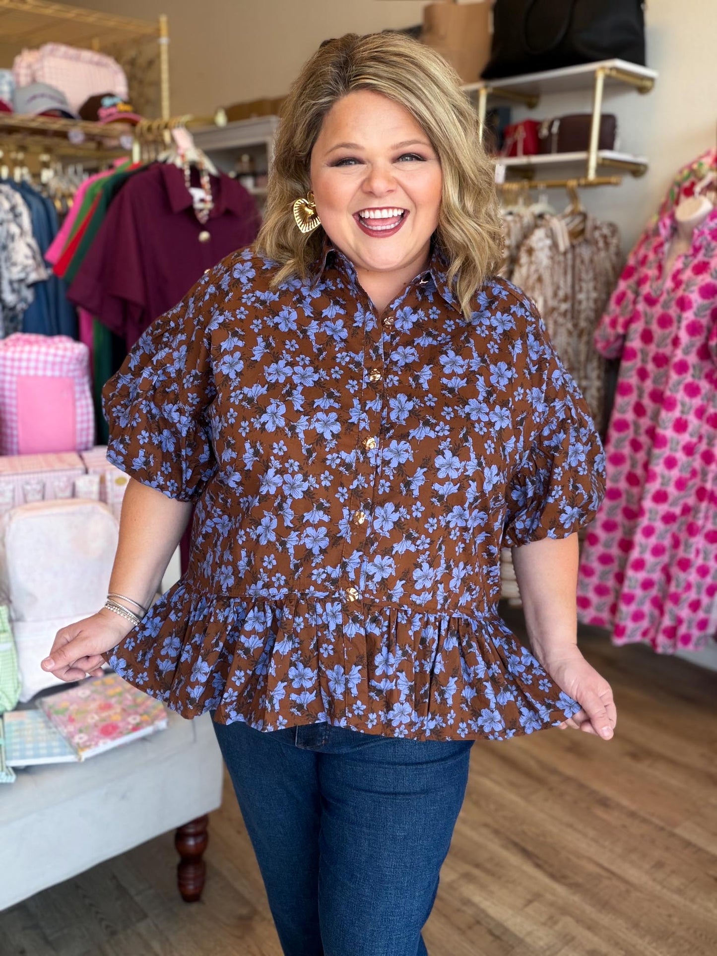 Autumn Muse Curvy Brown Floral Peplum Top