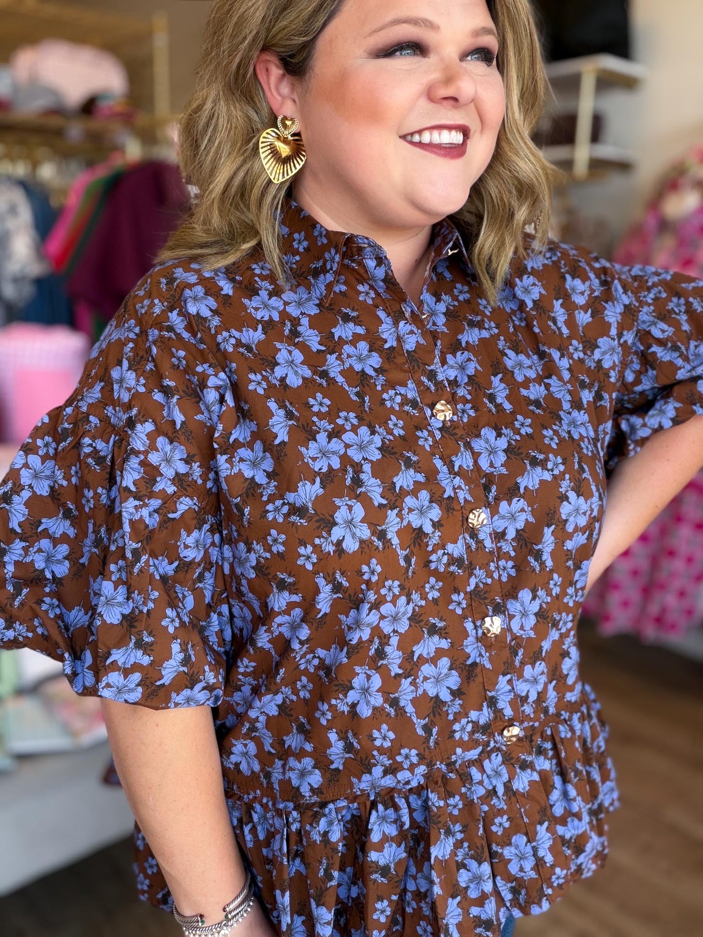 Autumn Muse Curvy Brown Floral Peplum Top