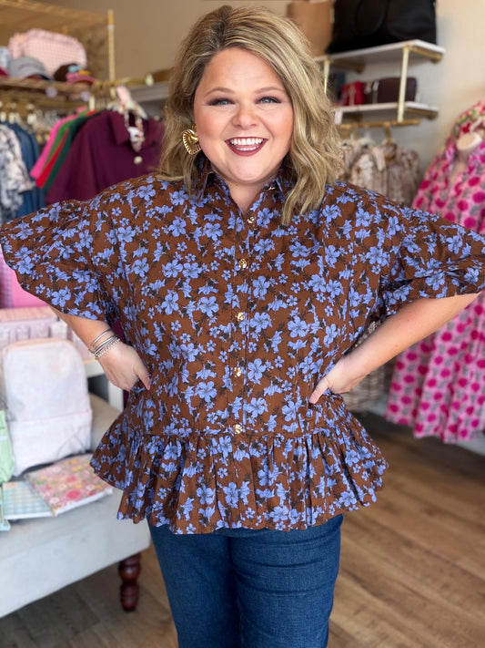 Autumn Muse Curvy Brown Floral Peplum Top
