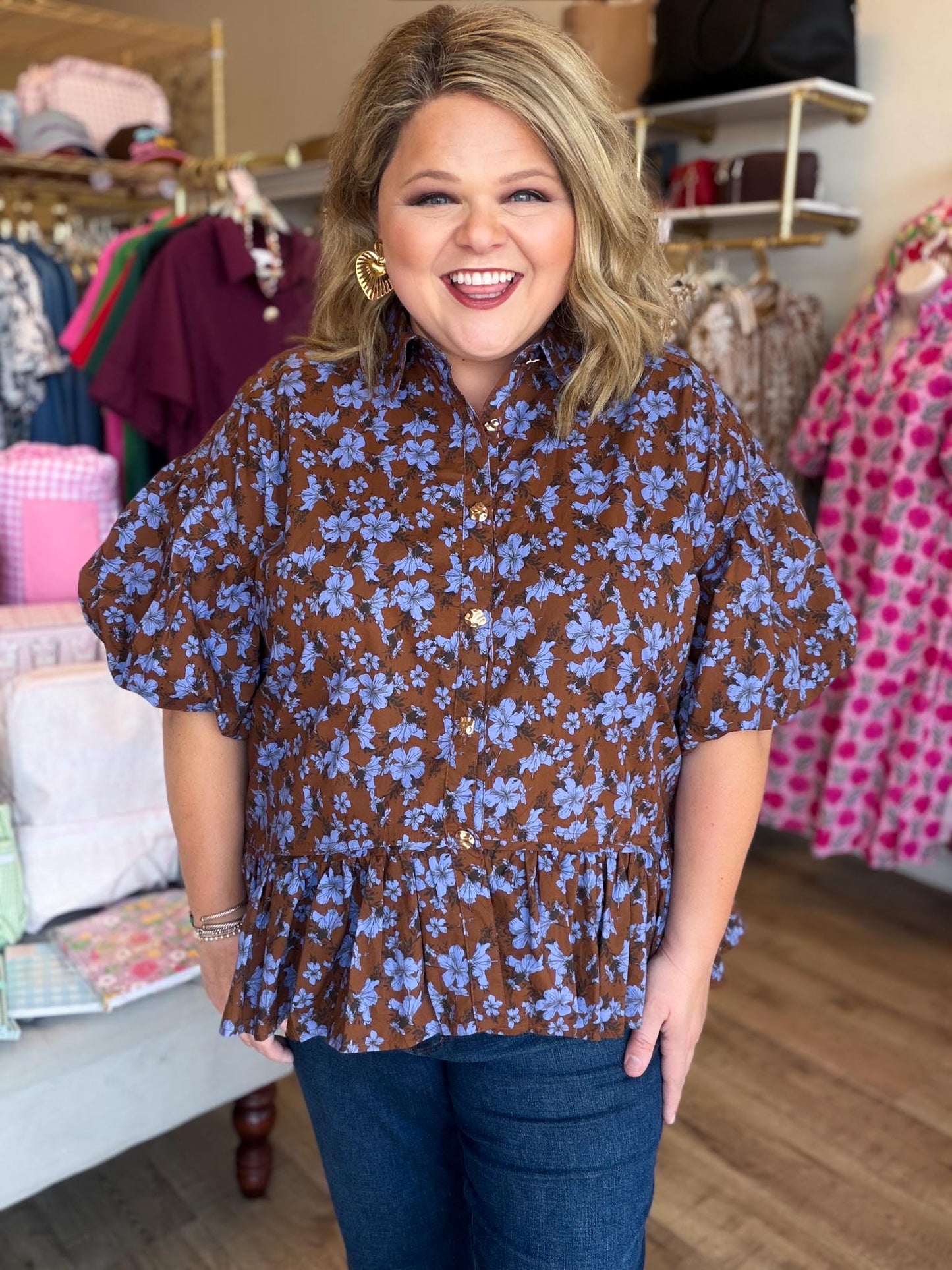 Autumn Muse Curvy Brown Floral Peplum Top