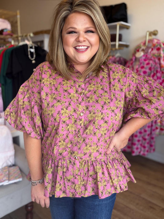 Autumn Muse Curvy Dusty Pink Floral Peplum Top