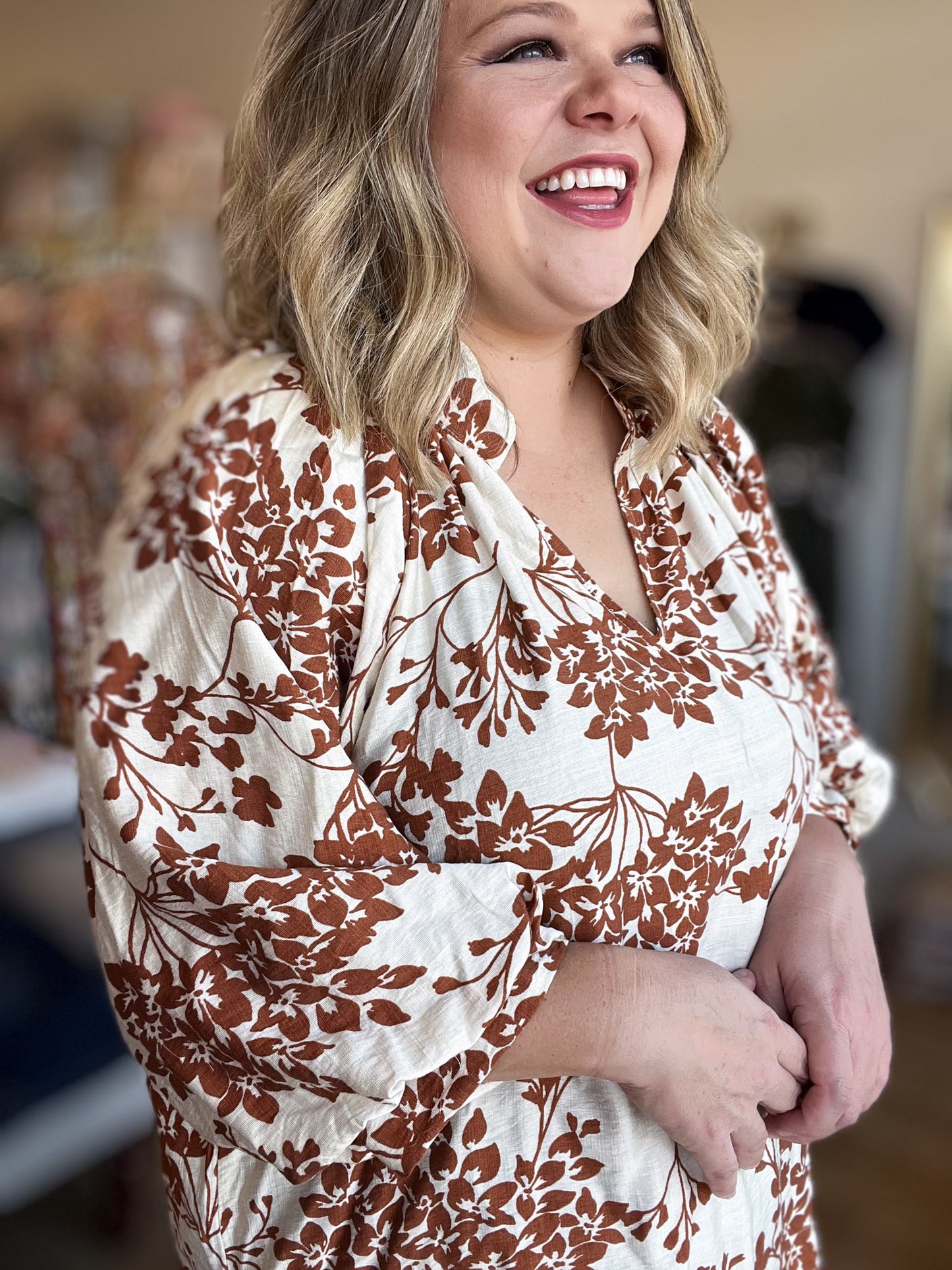 Autumn Skies Curvy Caramel Cherry Blossom Blouse