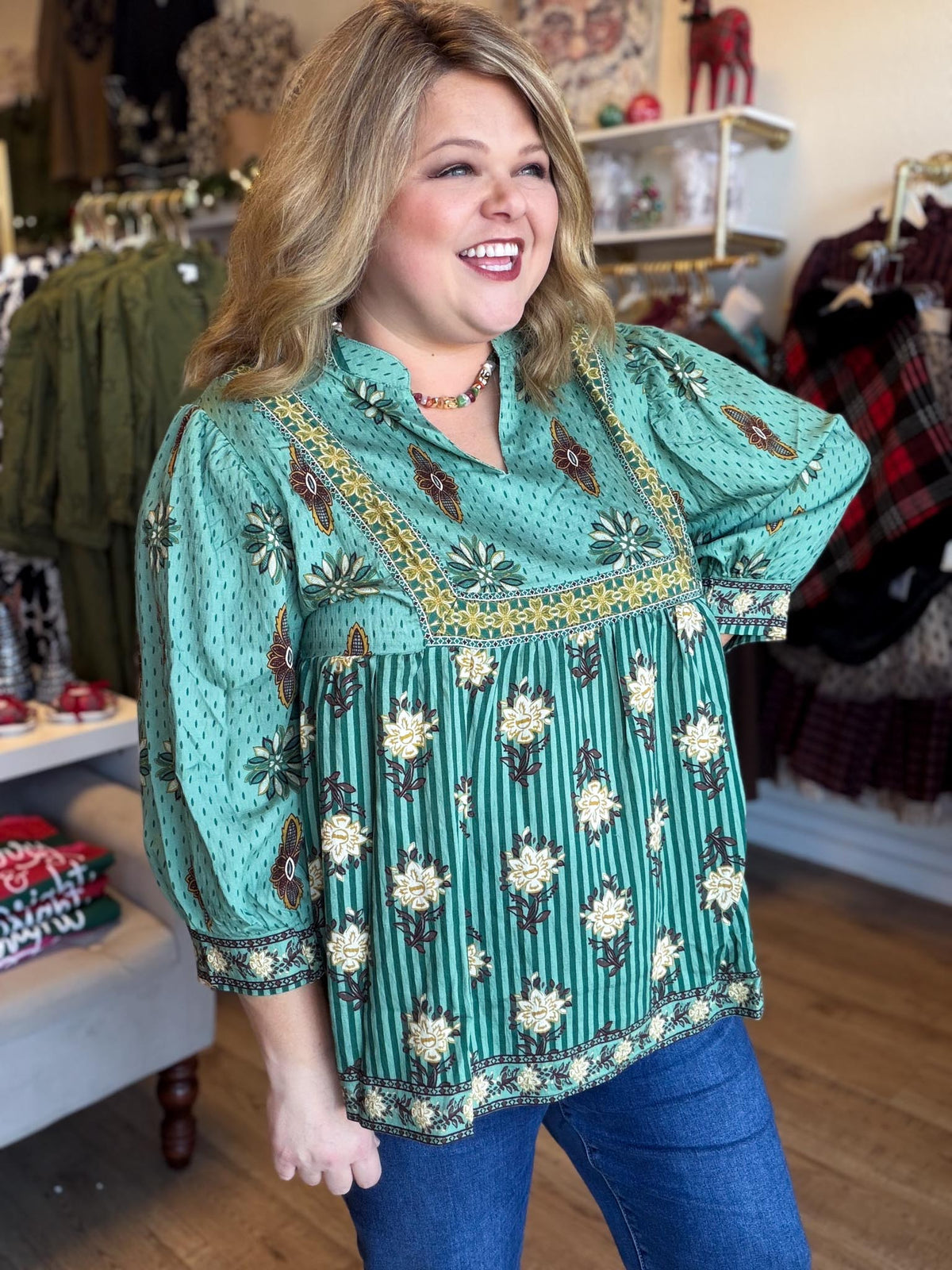 Autumn Tapestry Curvy Sage Babydoll Top