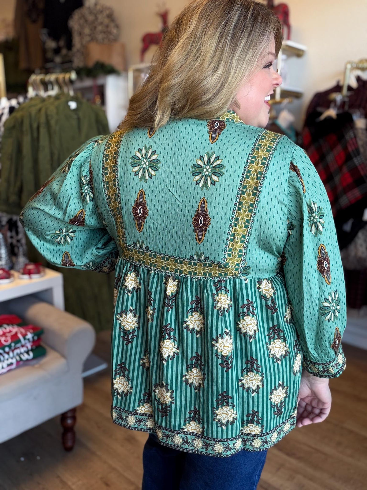 Autumn Tapestry Curvy Sage Babydoll Top