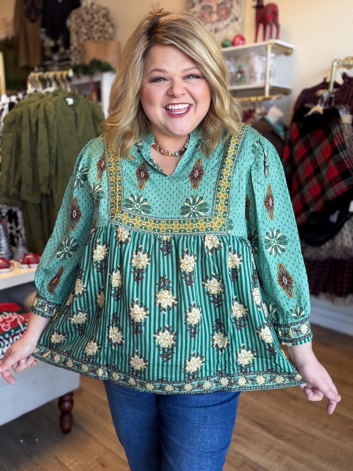 Autumn Tapestry Curvy Sage Babydoll Top
