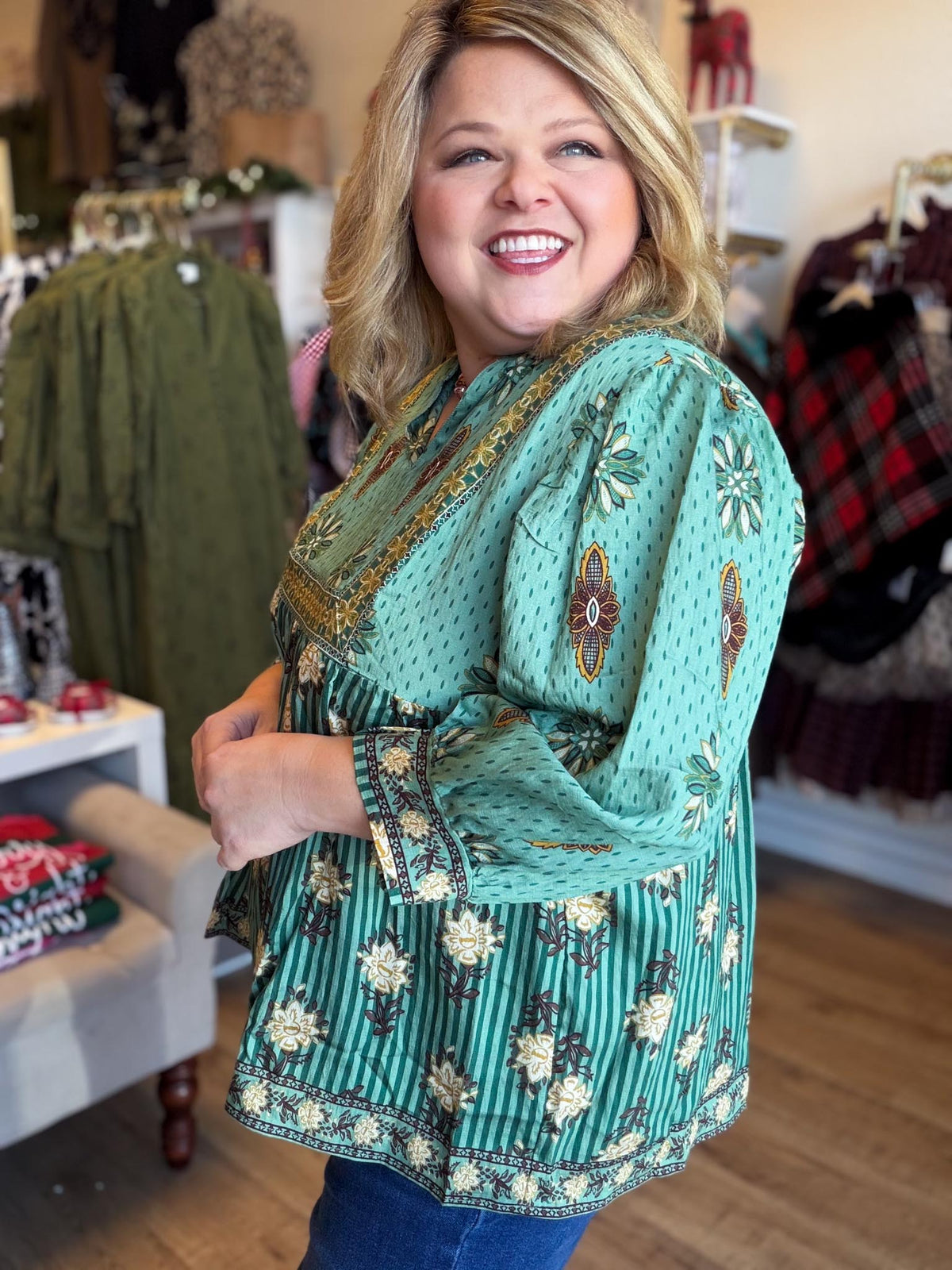 Autumn Tapestry Curvy Sage Babydoll Top