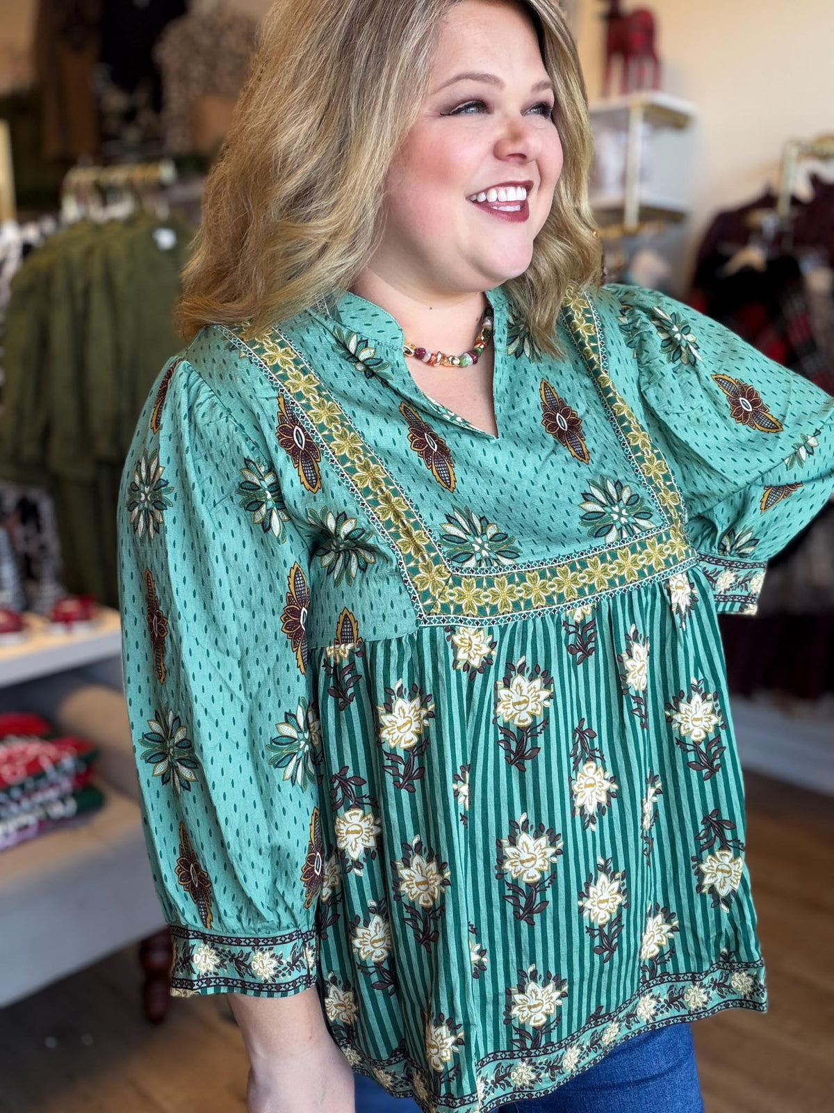 Autumn Tapestry Curvy Sage Babydoll Top