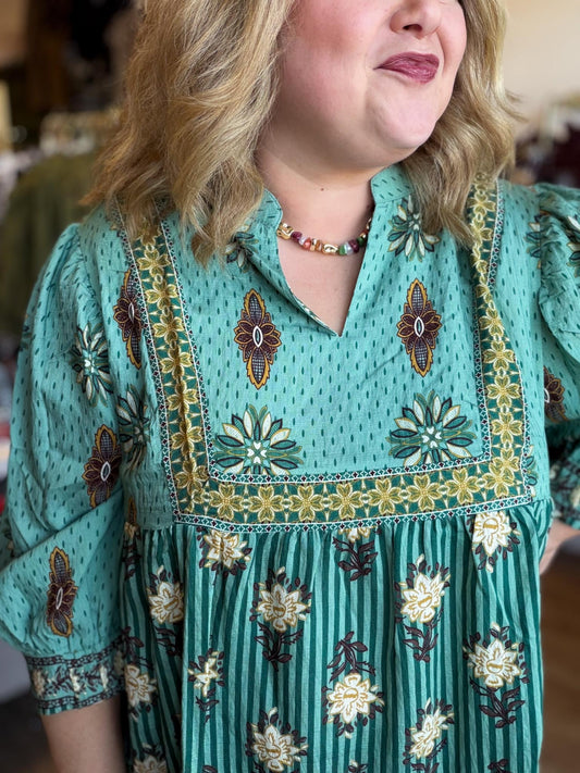 Autumn Tapestry Curvy Sage Babydoll Top