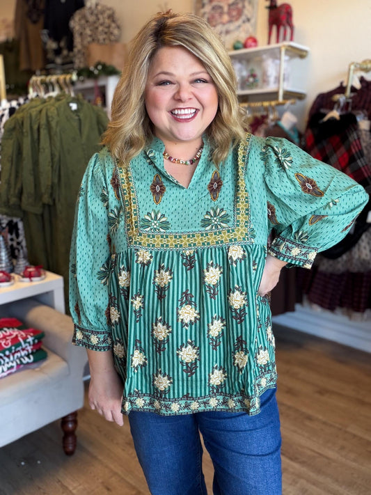 Autumn Tapestry Curvy Sage Babydoll Top
