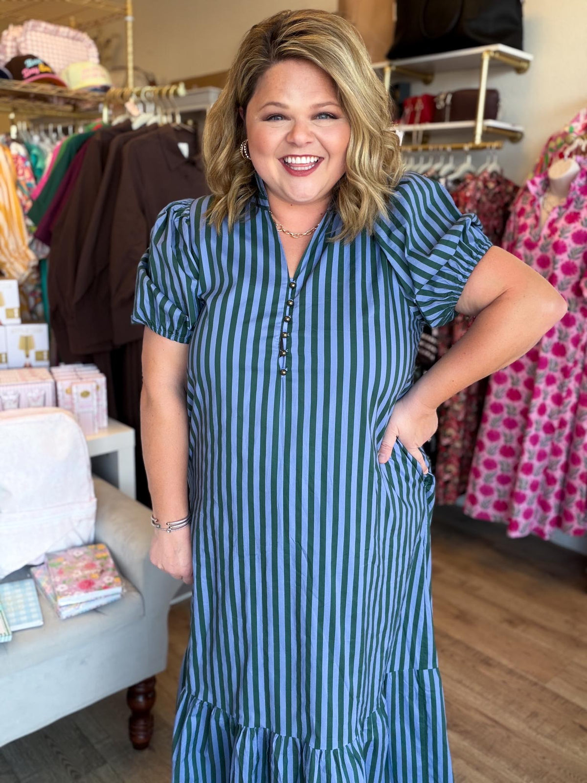 Autumn Water Lilly Curvy Striped Midi Dress