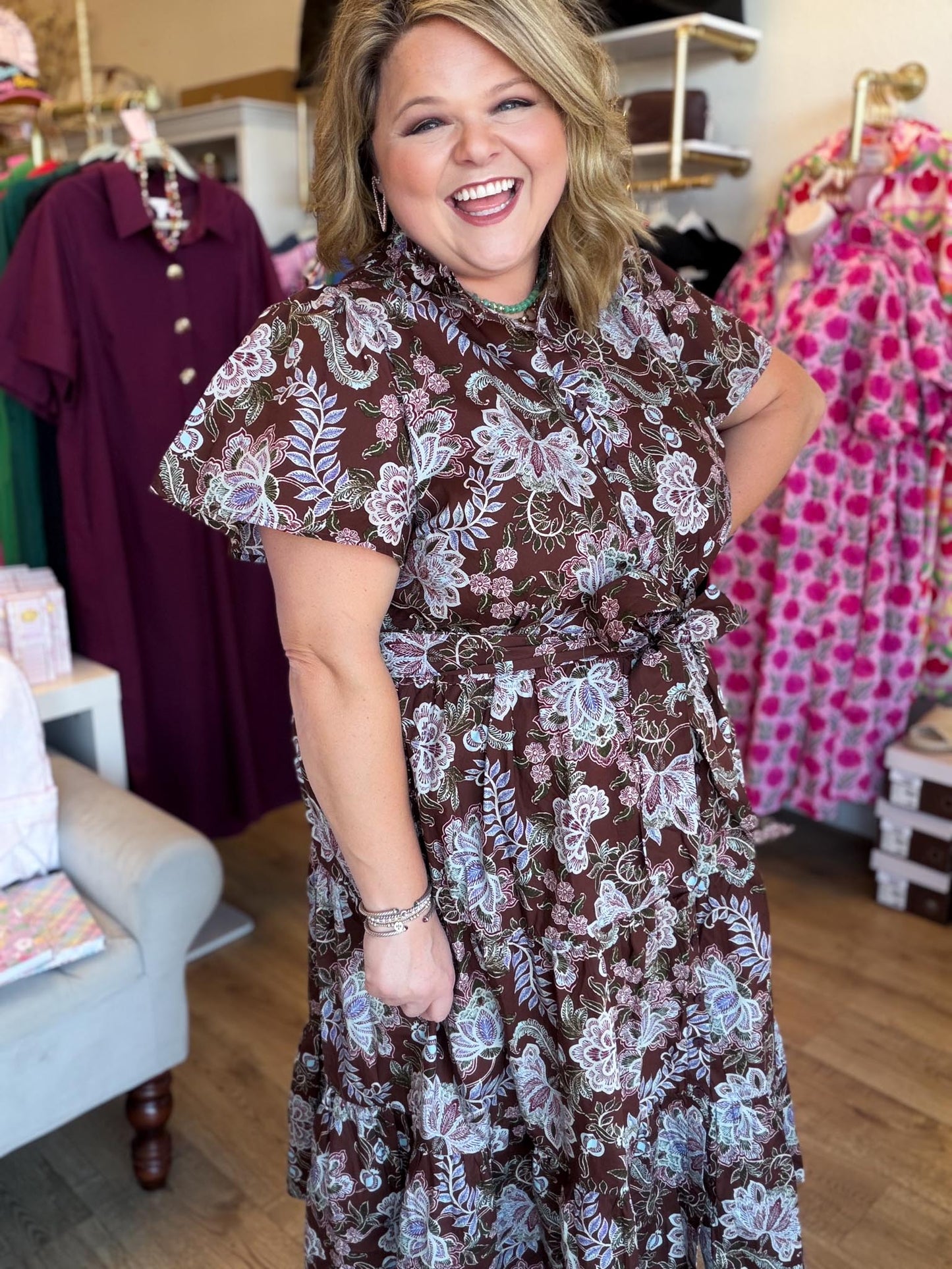 Autumn's Bouquet Plus-Size Brown Floral Tiered Midi Dress
