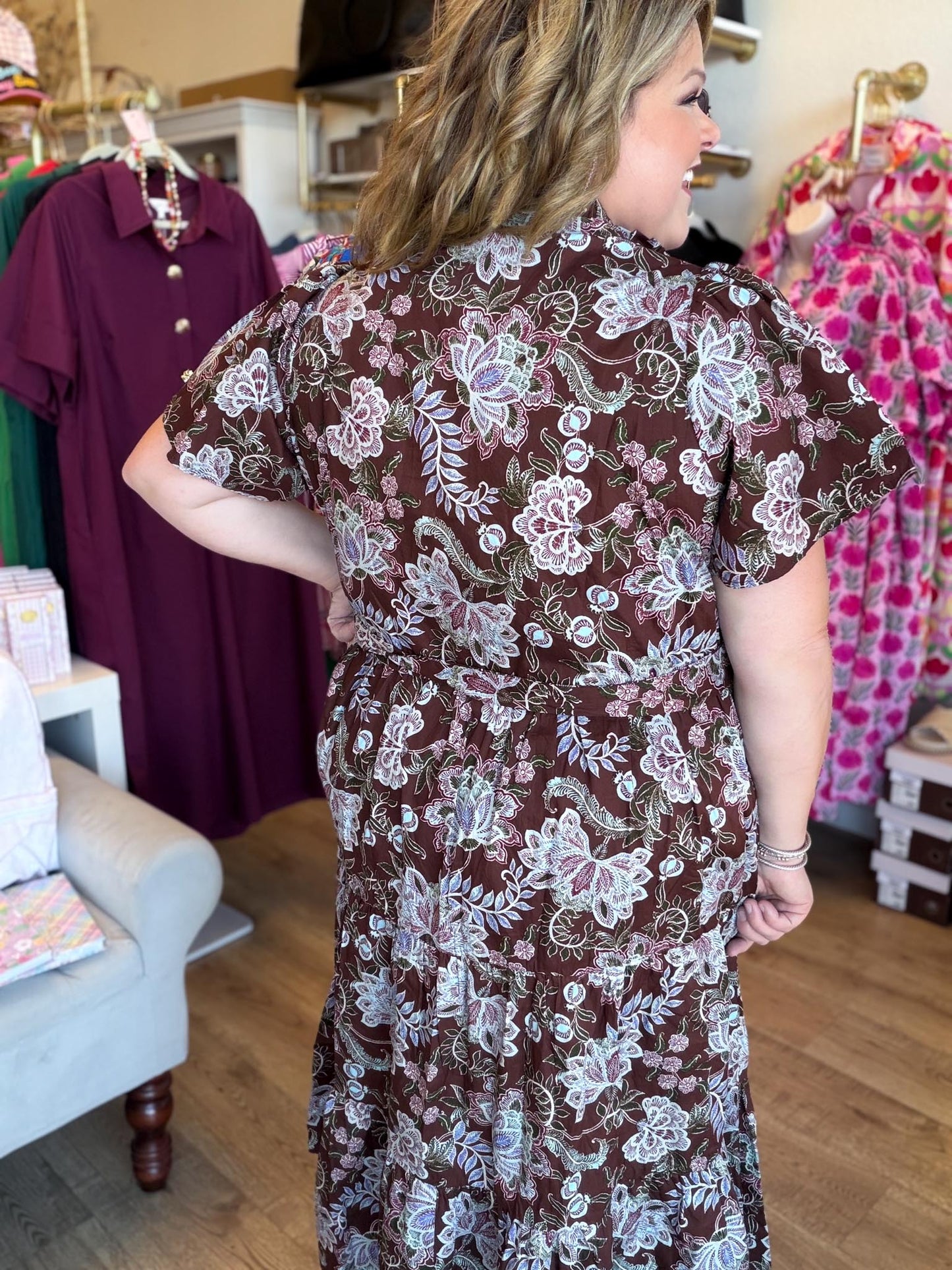 Autumn's Bouquet Plus-Size Brown Floral Tiered Midi Dress