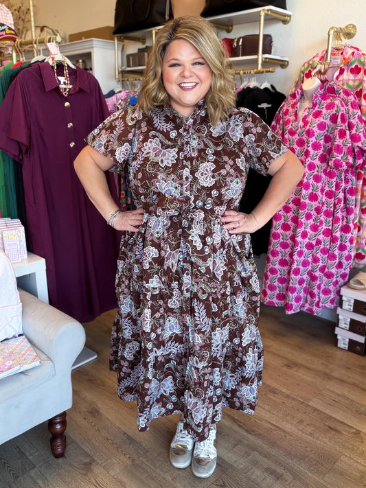 Autumn's Bouquet Plus-Size Brown Floral Tiered Midi Dress