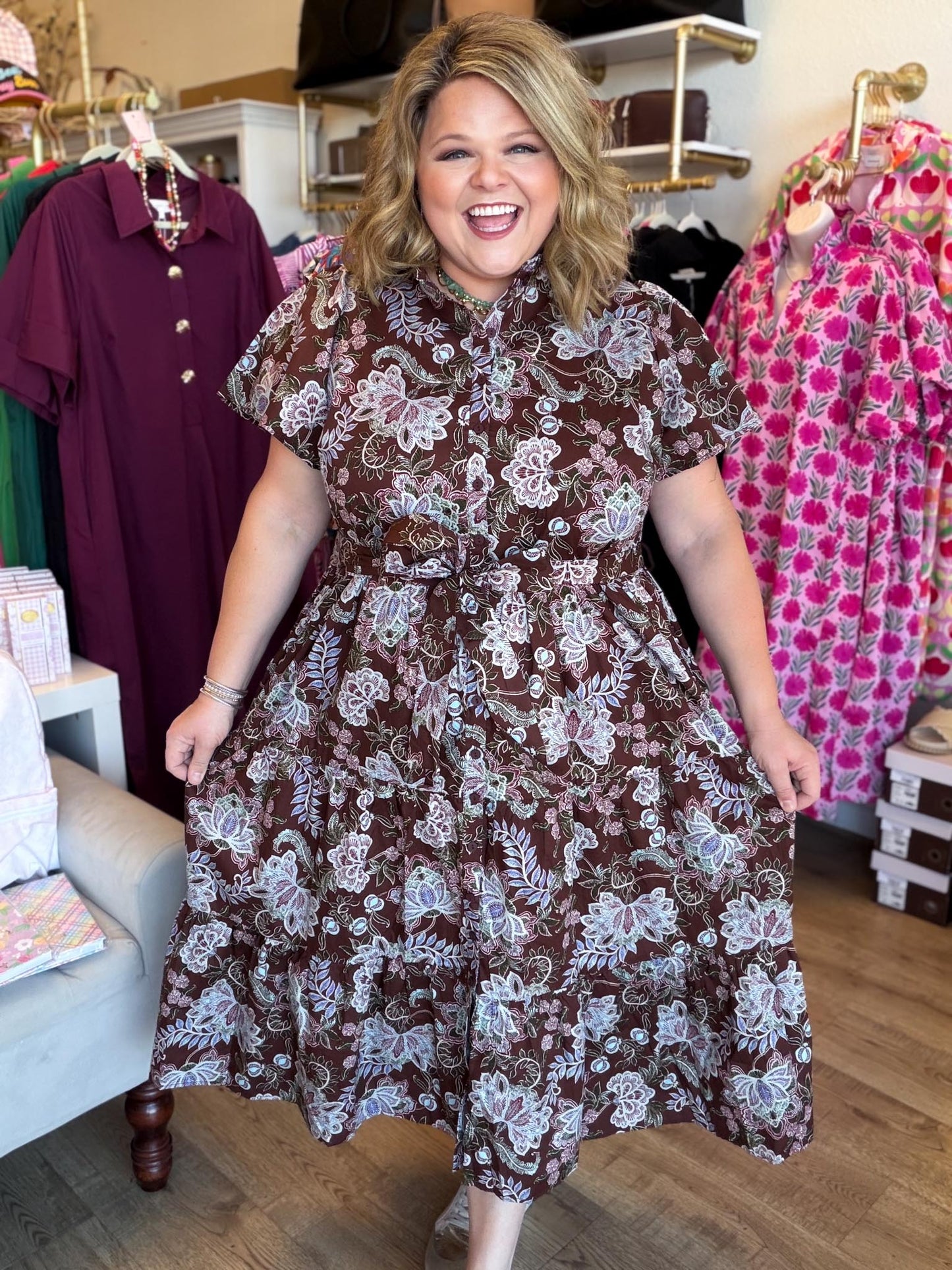 Autumn's Bouquet Plus-Size Brown Floral Tiered Midi Dress